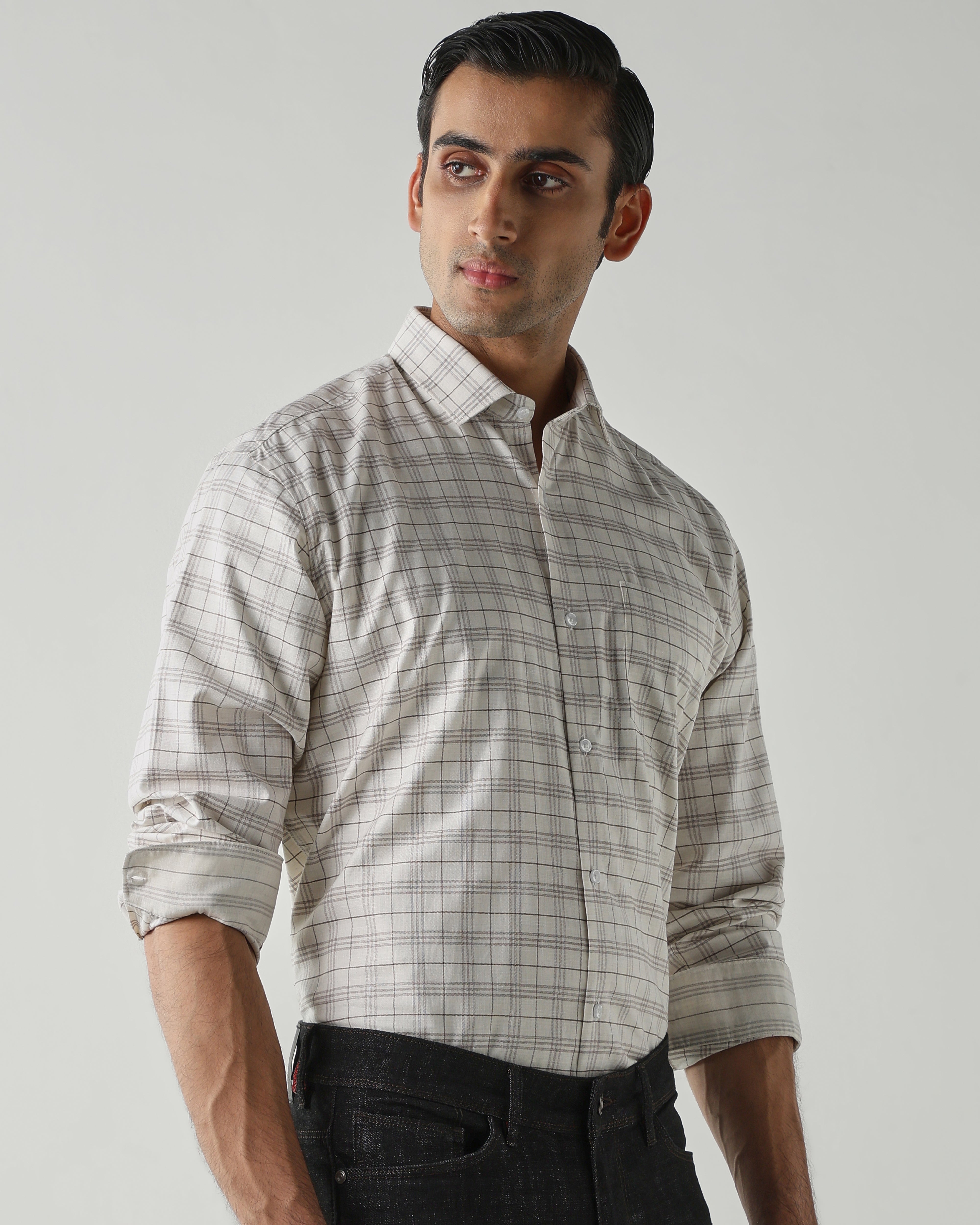 Off white/Brown Pure Cotton Shirts for Men | Regular Fit Luxury Wear