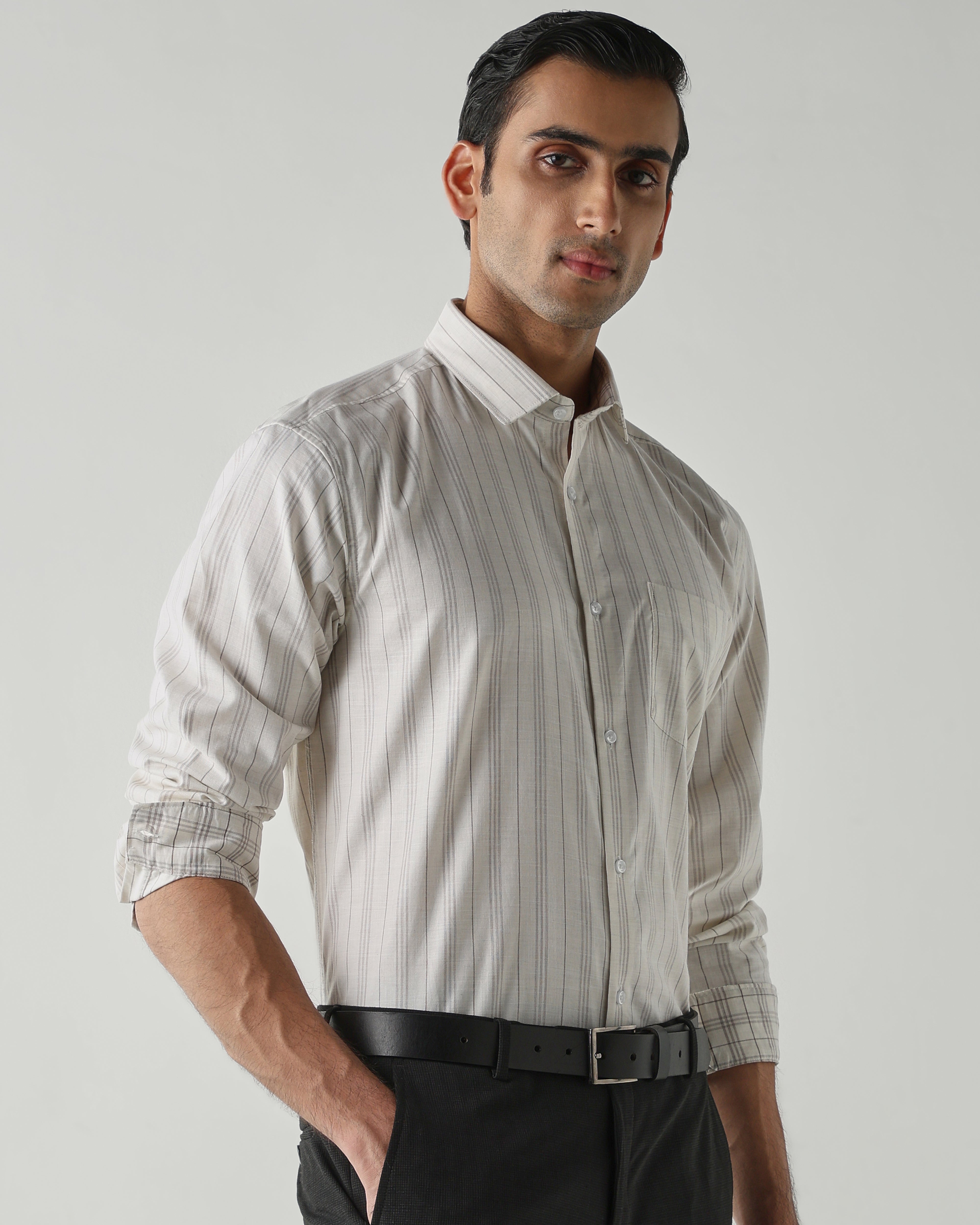Off white/Brown Pure Cotton Shirts for Men | Regular Fit Luxury Wear