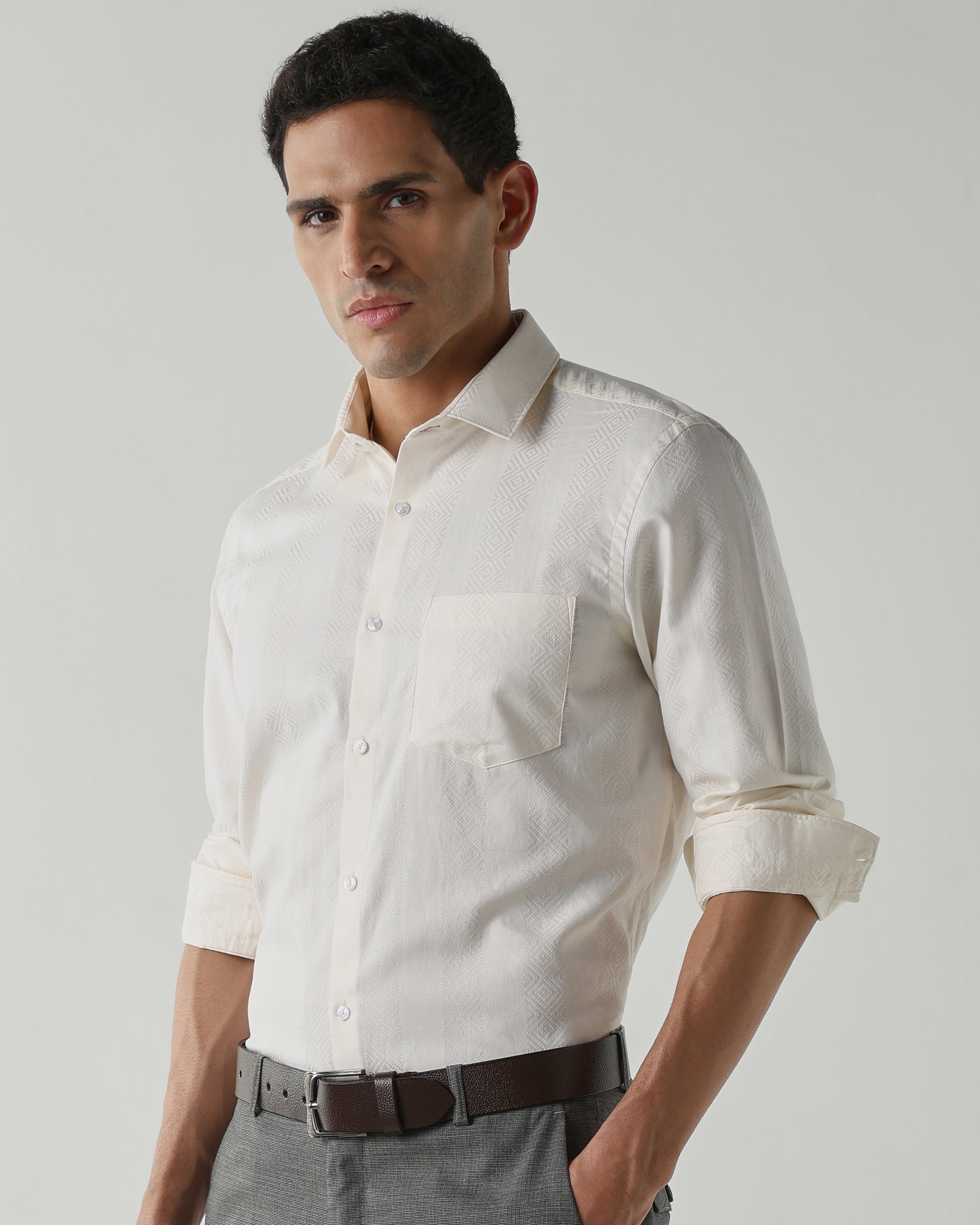 White 100% Cotton Dobby Shirts For Men | Slim Fit Fashion Formal Wear
