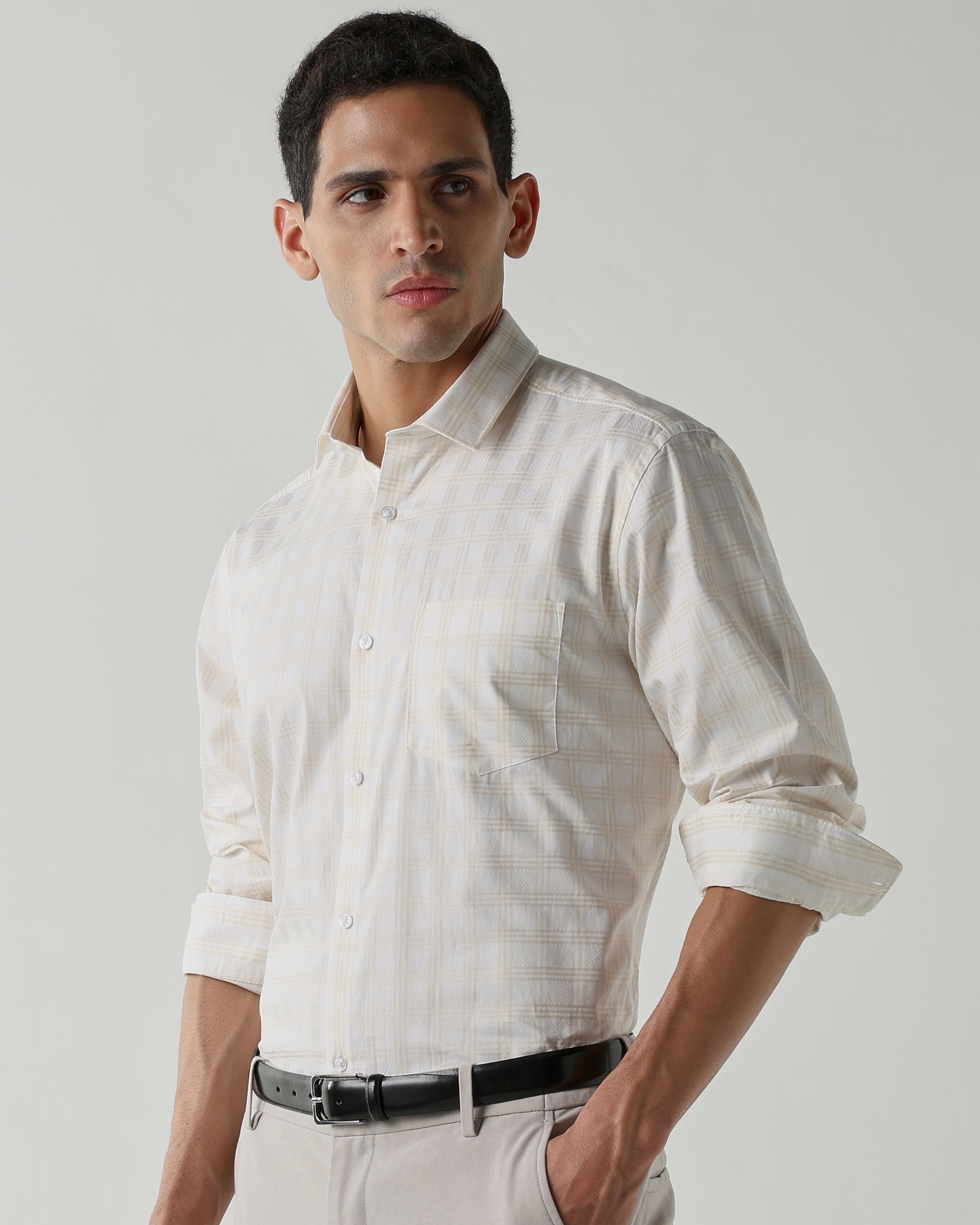 White/Beige 100% Cotton Checks Shirts For Men | Regular Fit Fashion Formal Wear