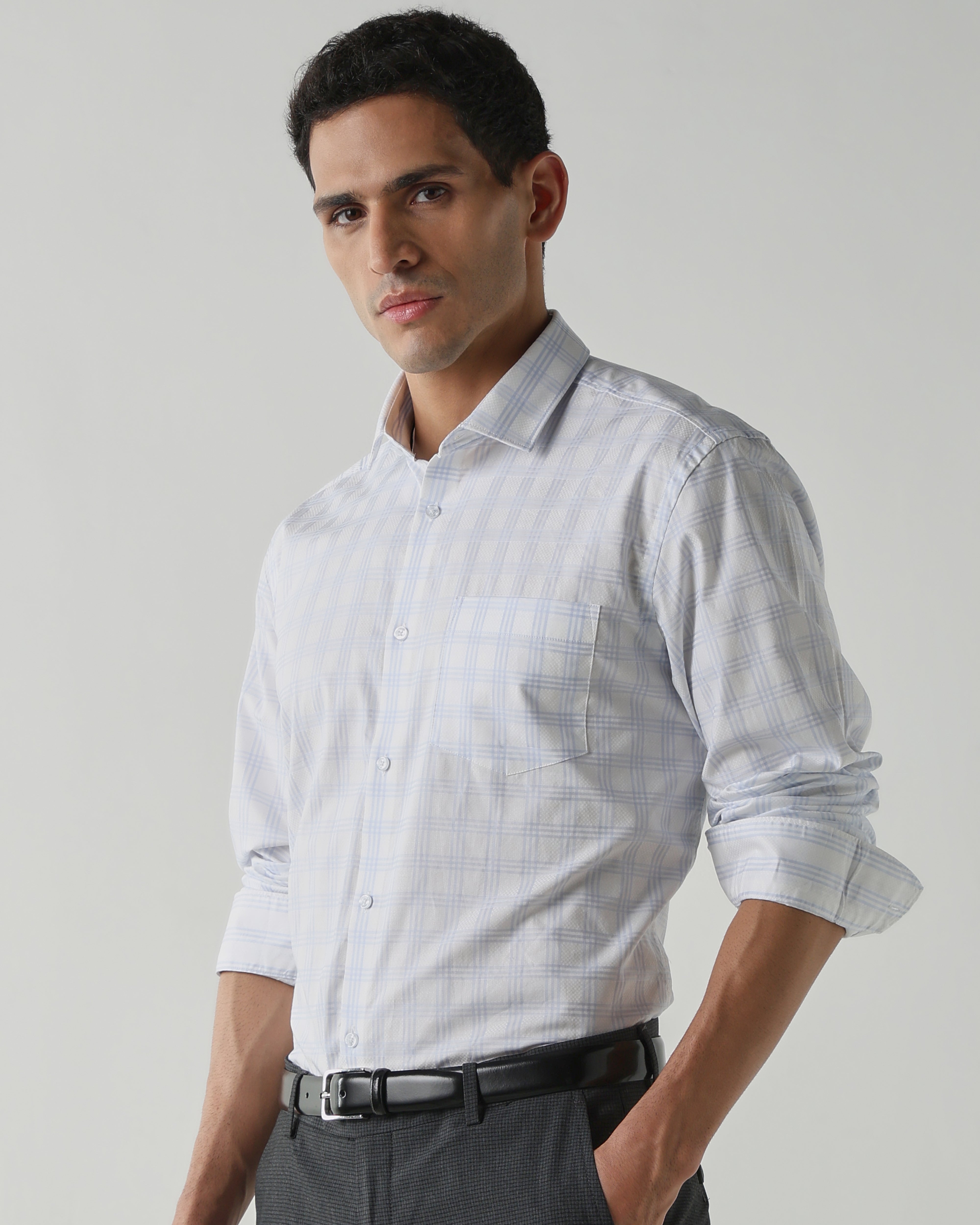 White/Sky Blue 100% Cotton Checks Shirts For Men | Regular Fit Fashion Formal Wear