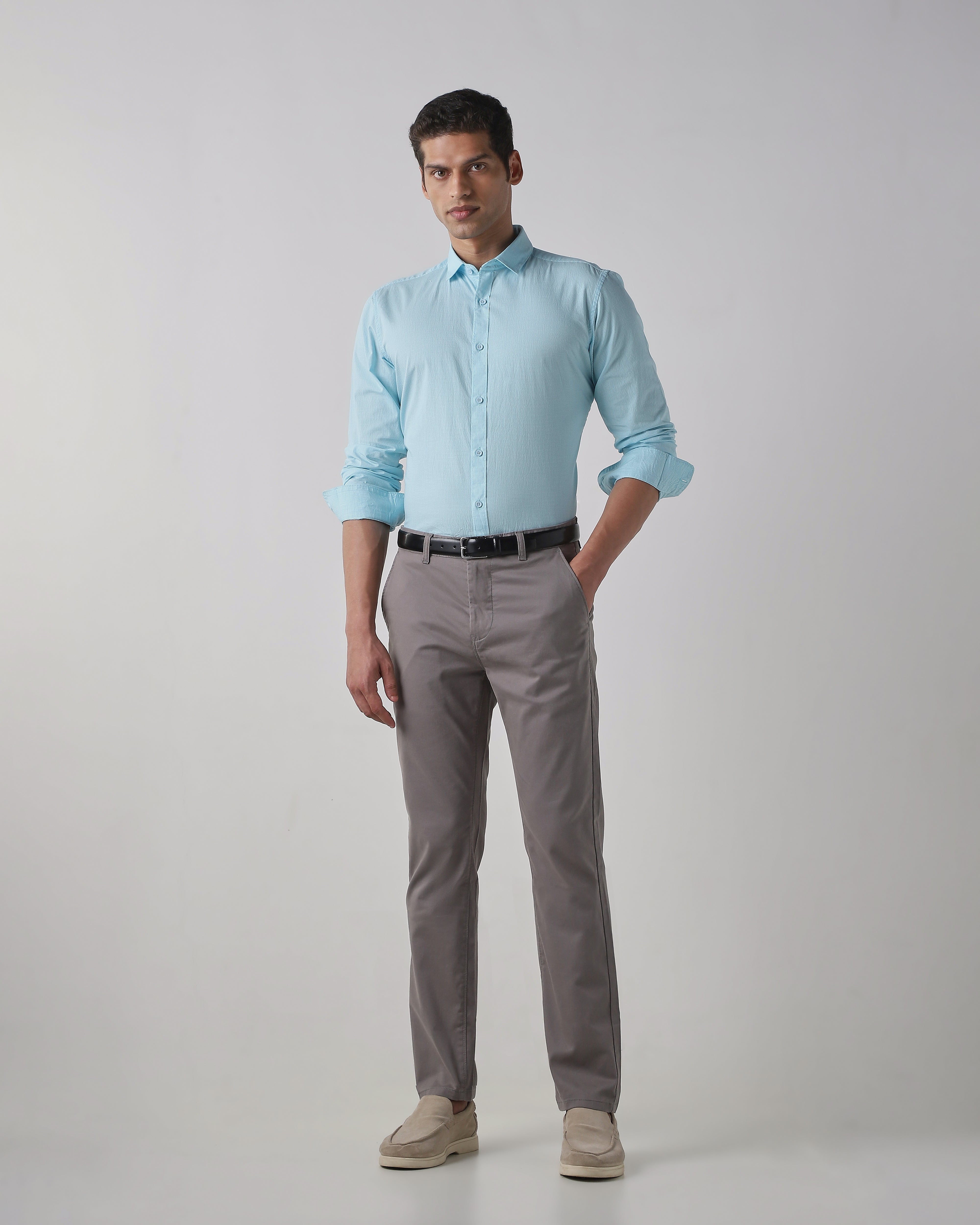 Grey Cotton Stretch Regular Fit Trouser