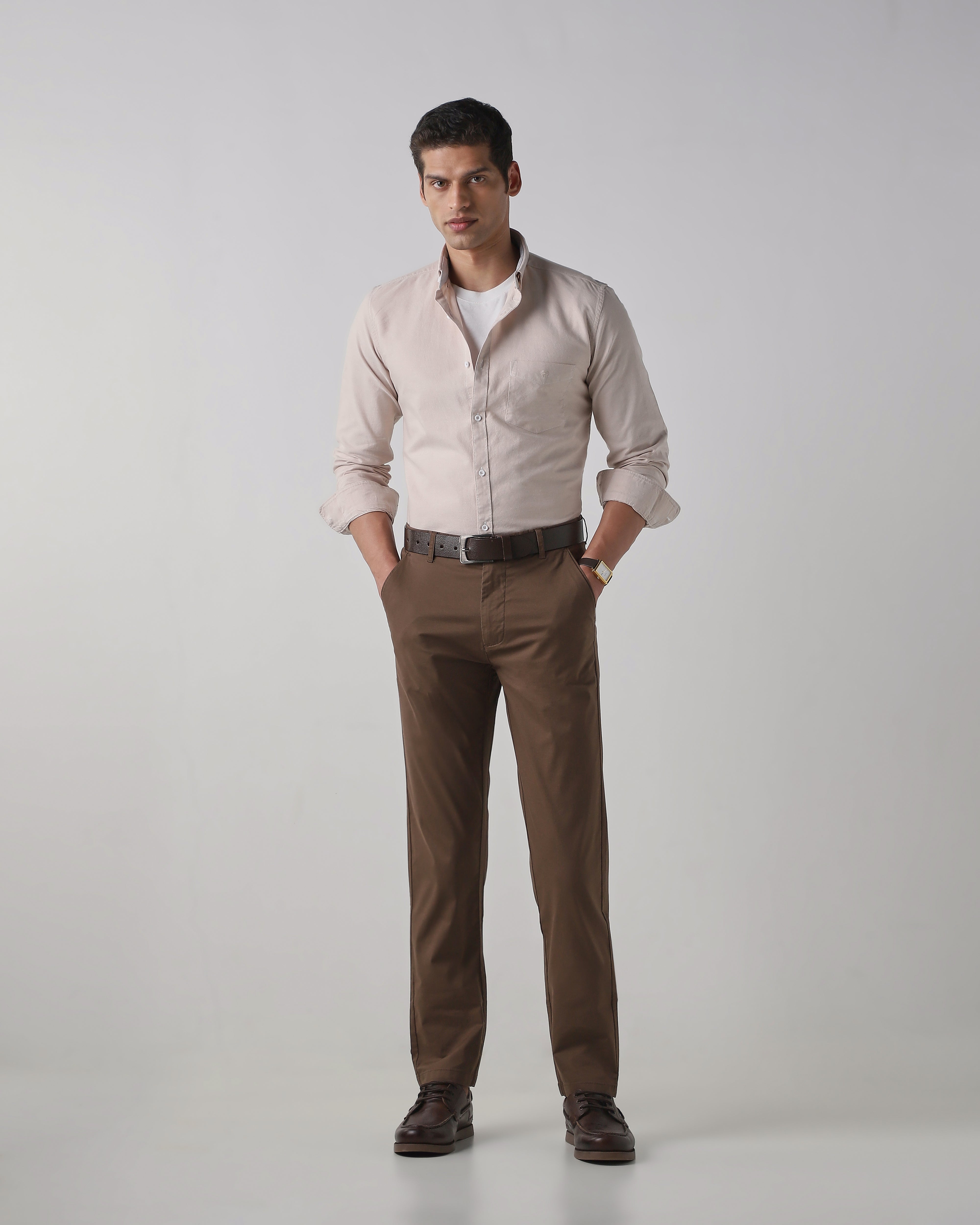 Brown Cotton Stretch Regular Fit Trouser