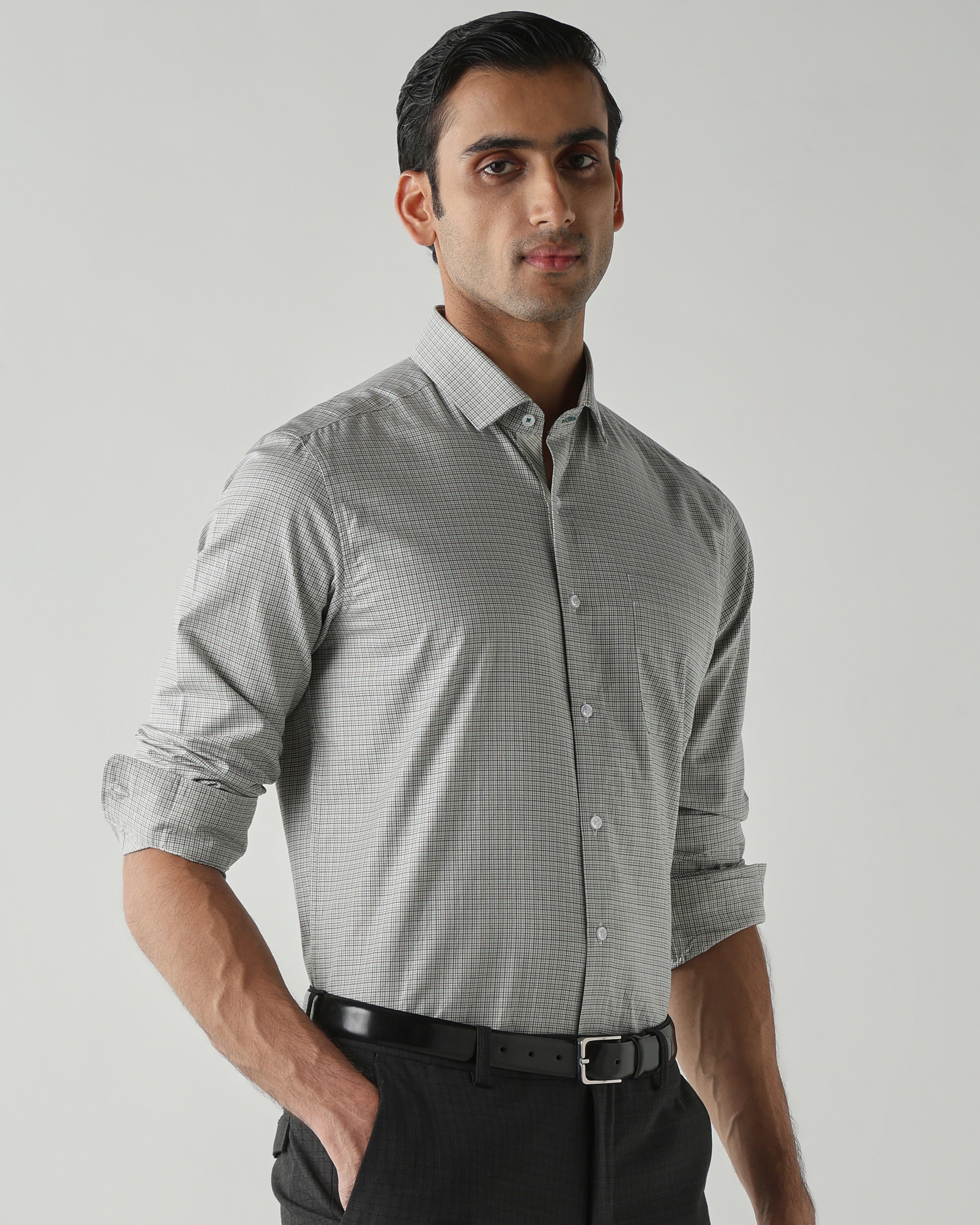 Green/Black Pure Cotton Shirts for Men | Slim Fit Luxury Wear