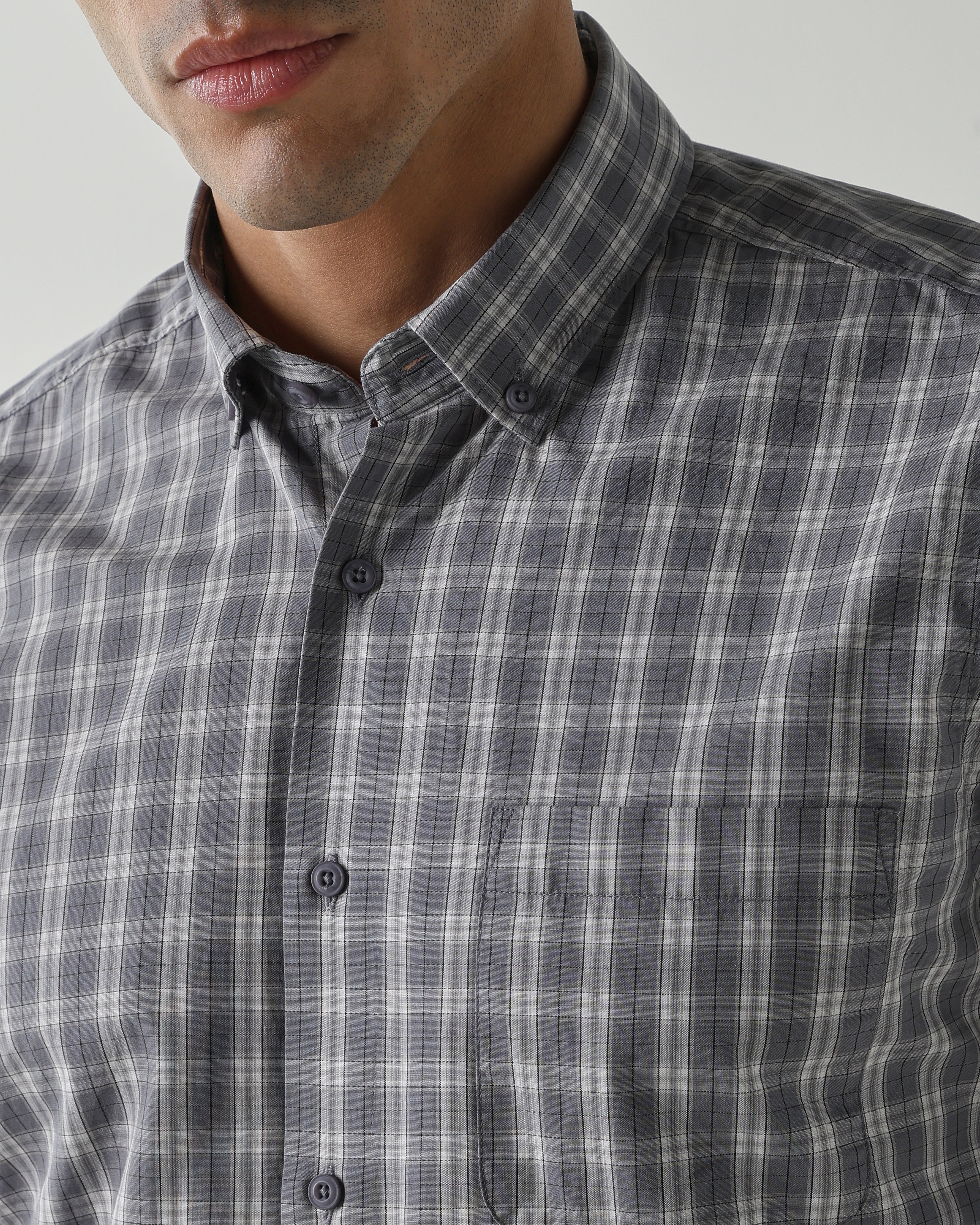 Grey/White Pure Cotton Shirts for Men | Slim Fit Luxury Wear