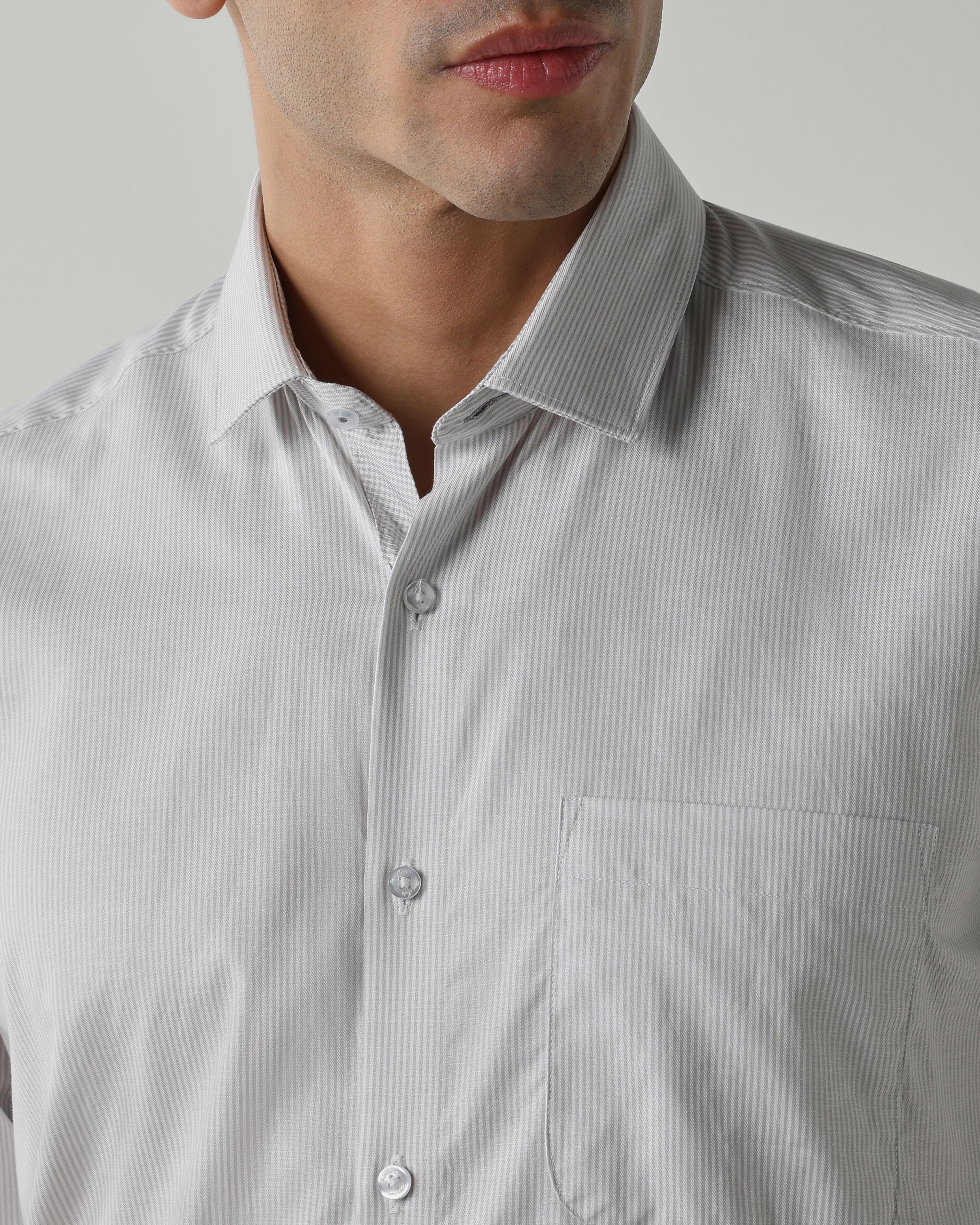 Lt Grey/White Pure Cotton Shirts for Men | Slim Fit Luxury Wear