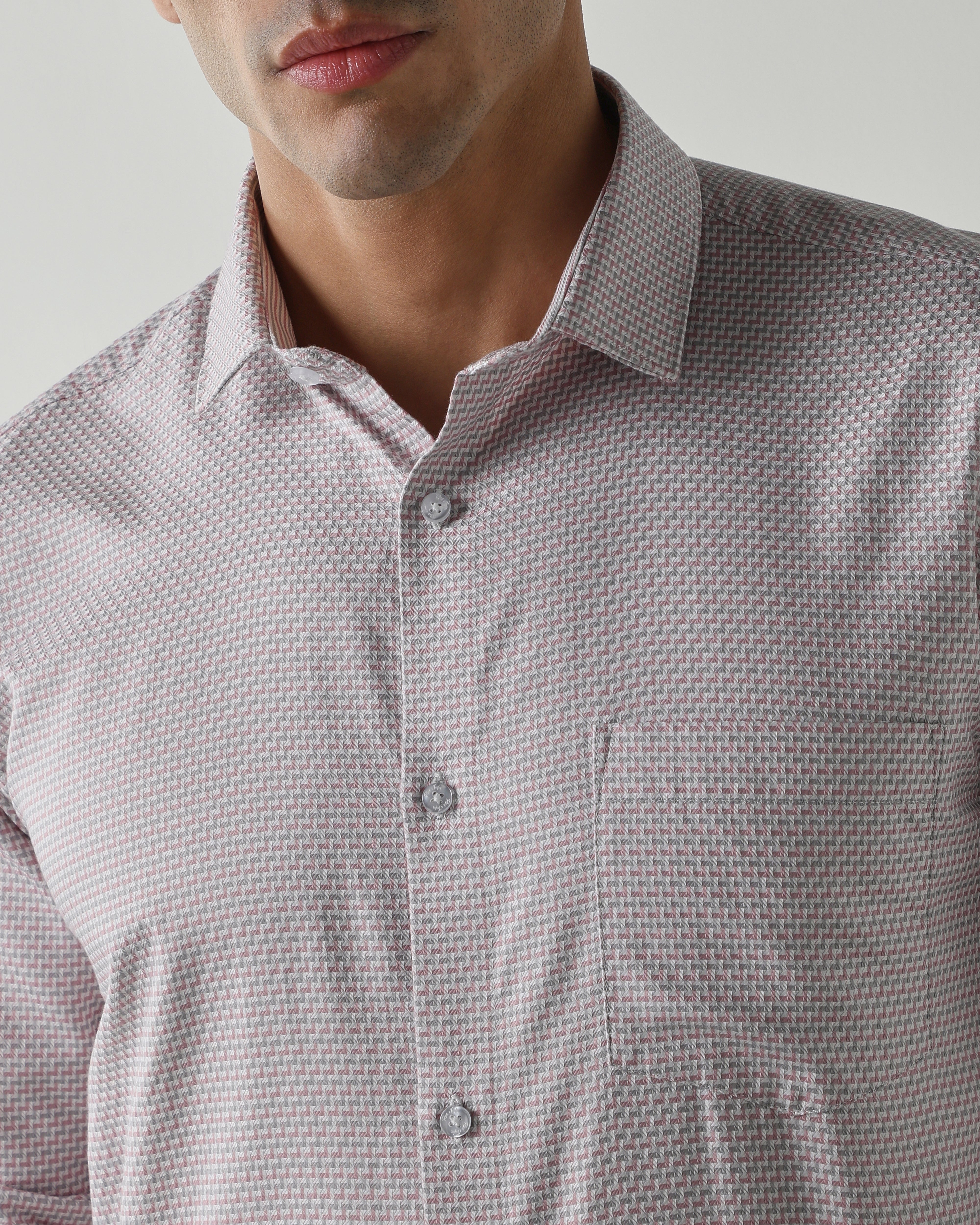 Grey/Pink 100% Cotton Dobby Shirts For Men | Regular Fit Fashion Formal Wear