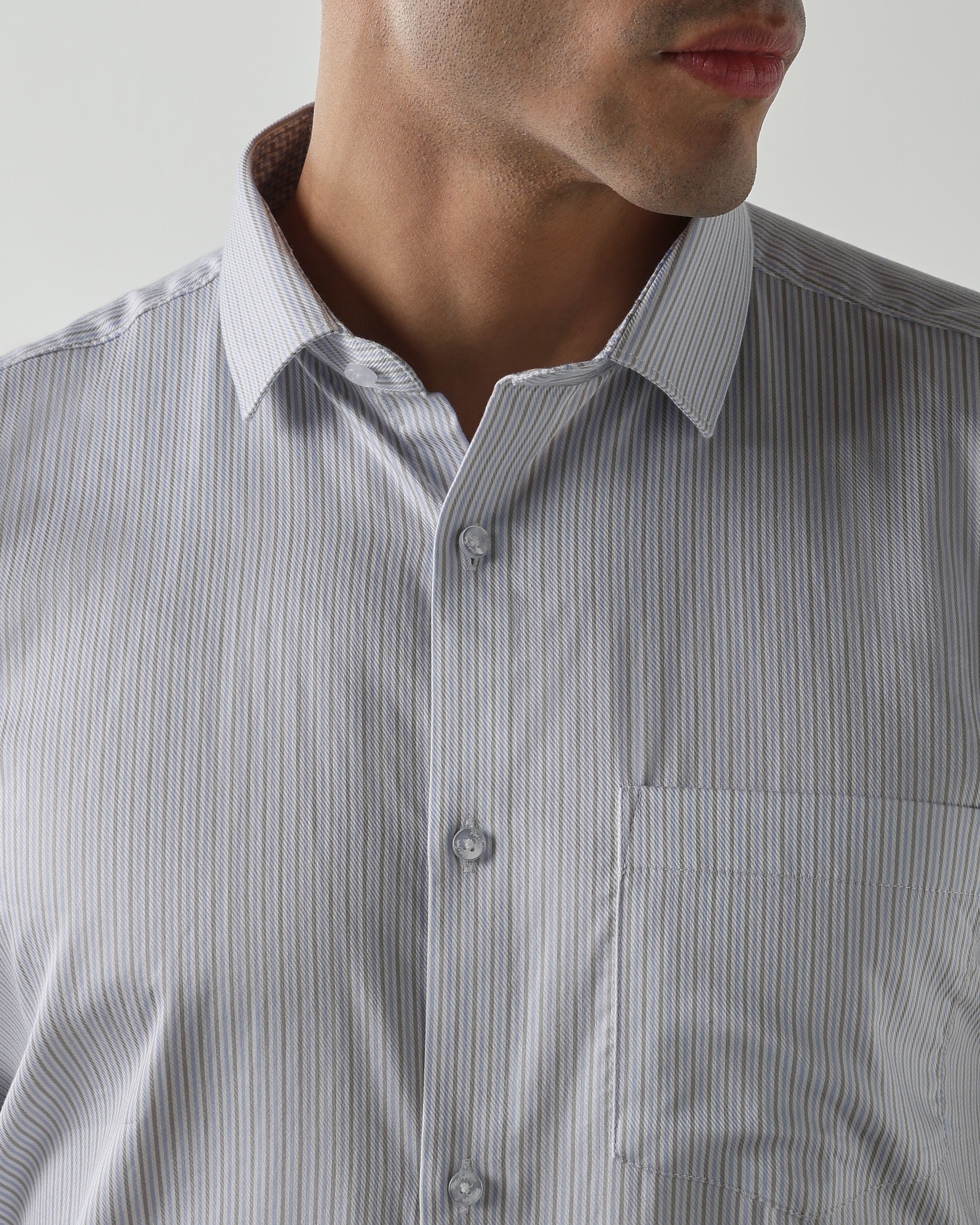 Grey/Sky Blue 100% Cotton Stripe Shirts For Men | Regular Fit Fashion Formal Wear