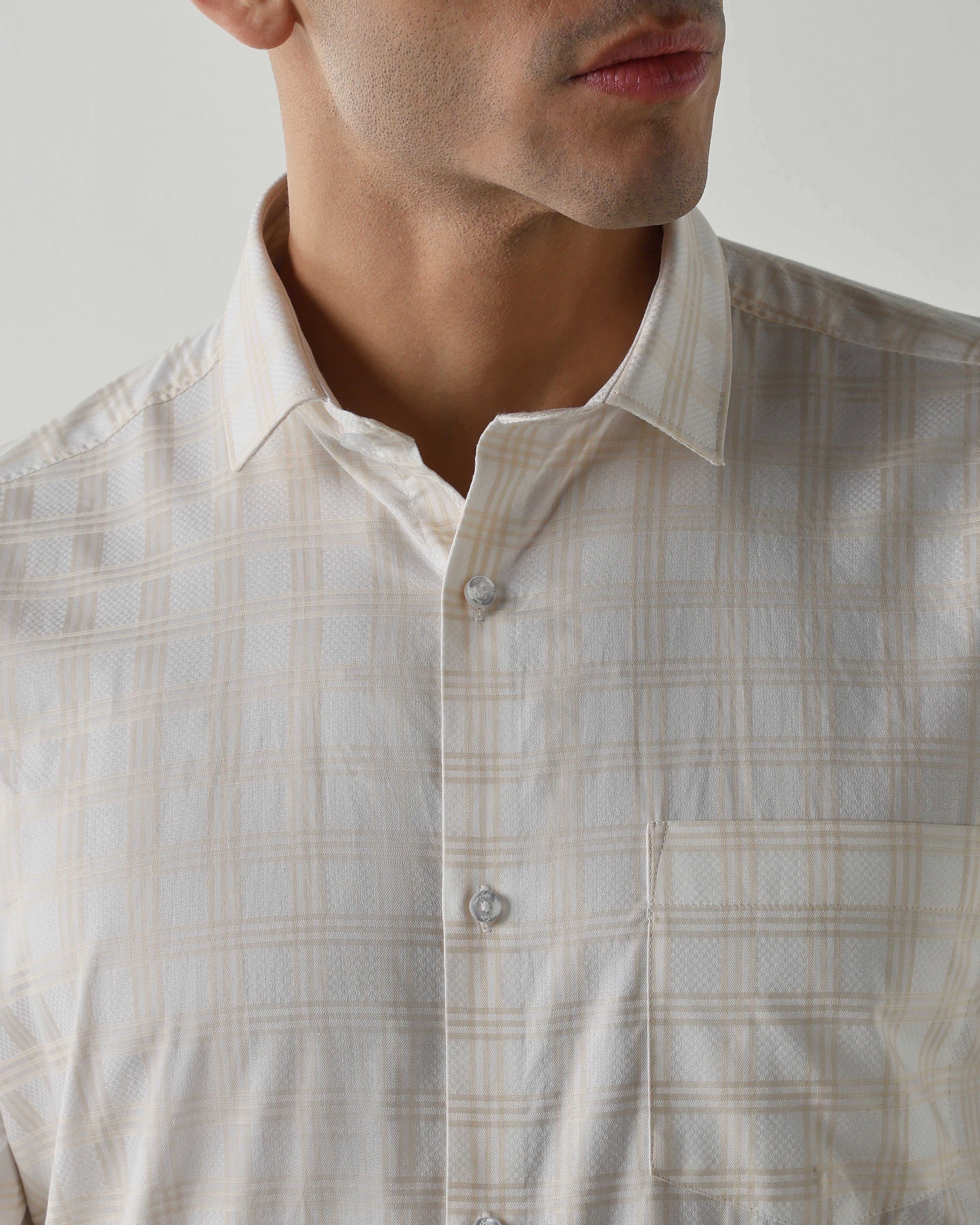 White/Beige 100% Cotton Checks Shirts For Men | Regular Fit Fashion Formal Wear