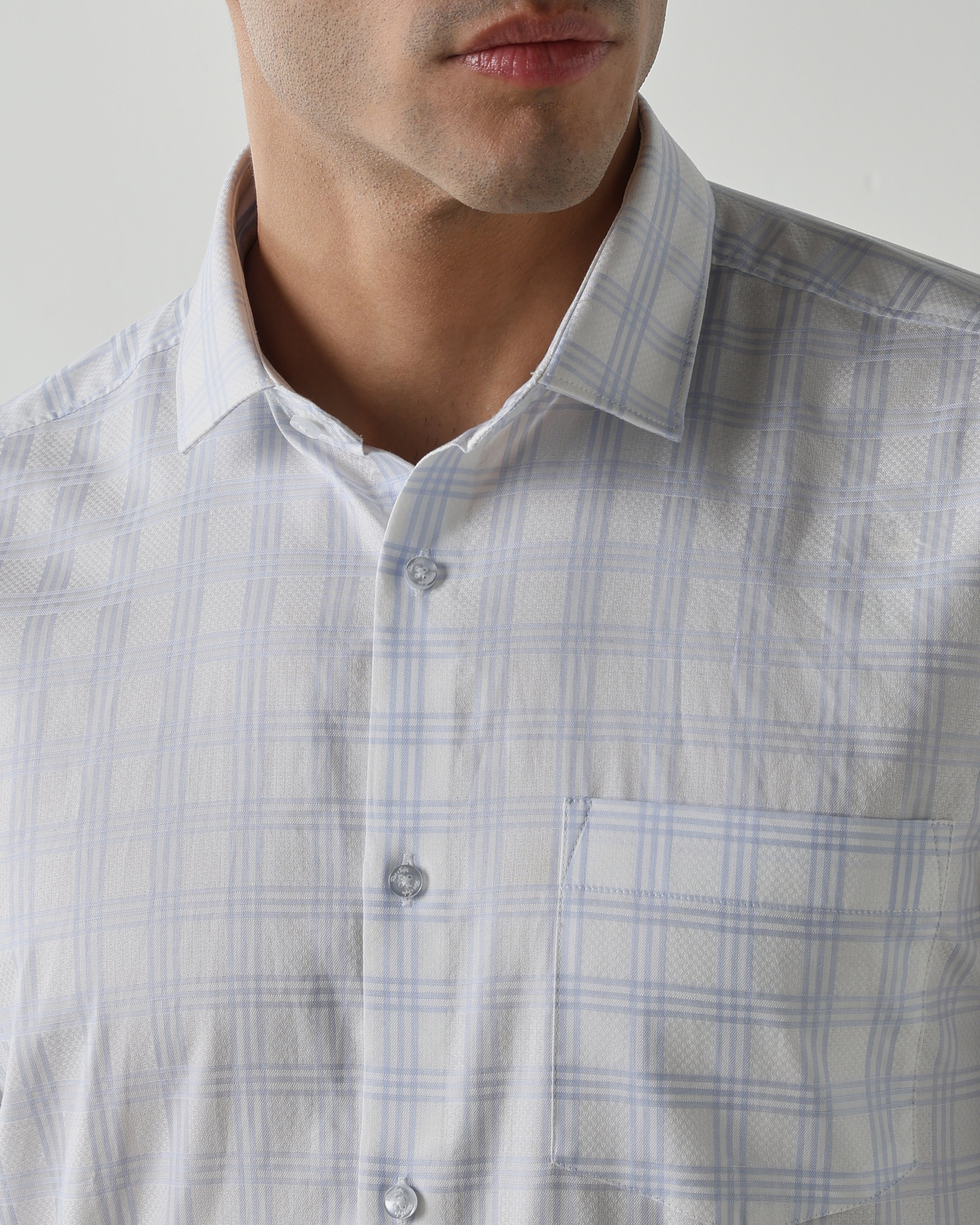 White/Sky Blue 100% Cotton Checks Shirts For Men | Regular Fit Fashion Formal Wear
