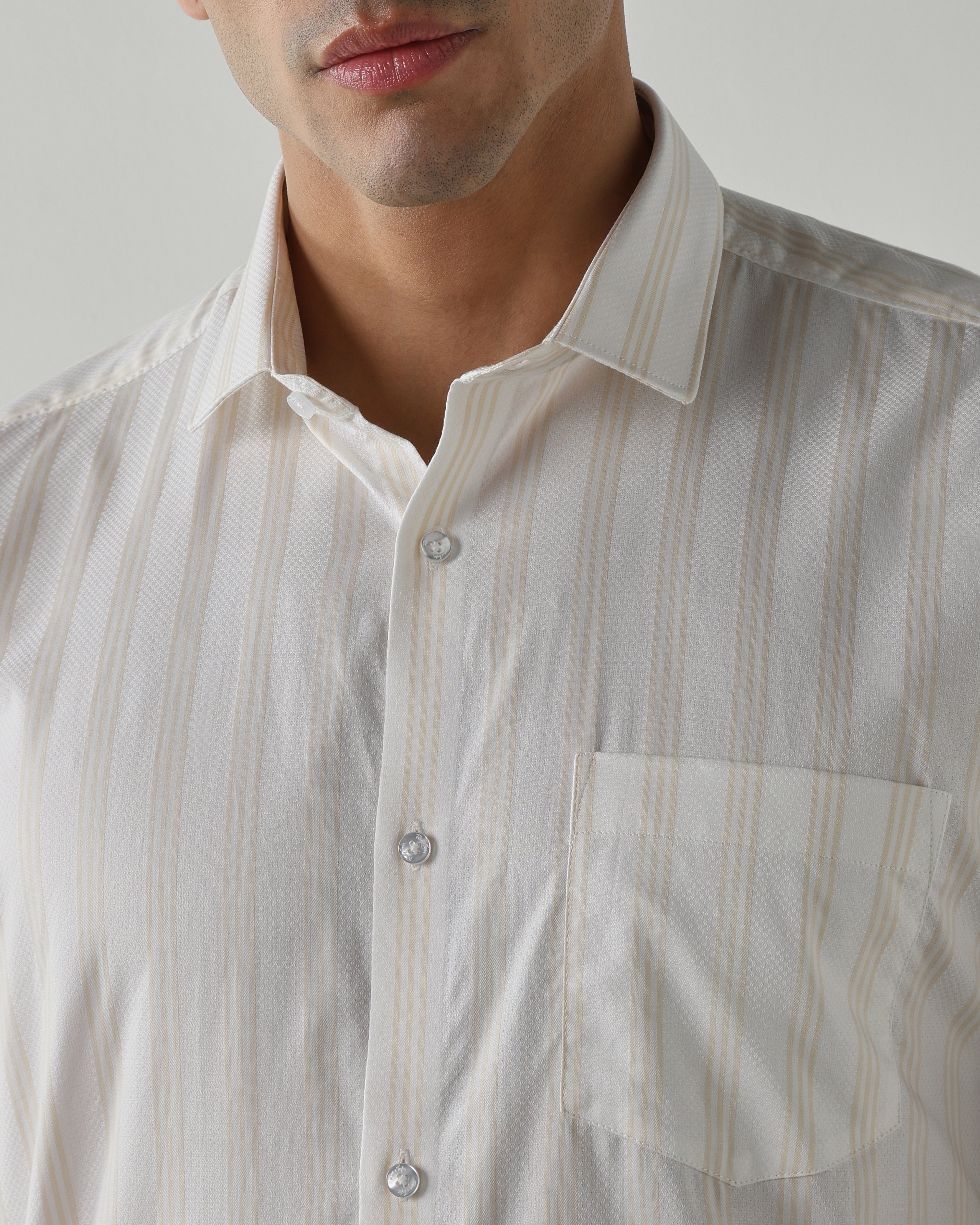 White/Beige 100% Cotton Stripe Shirts For Men | Regular Fit Fashion Formal Wear