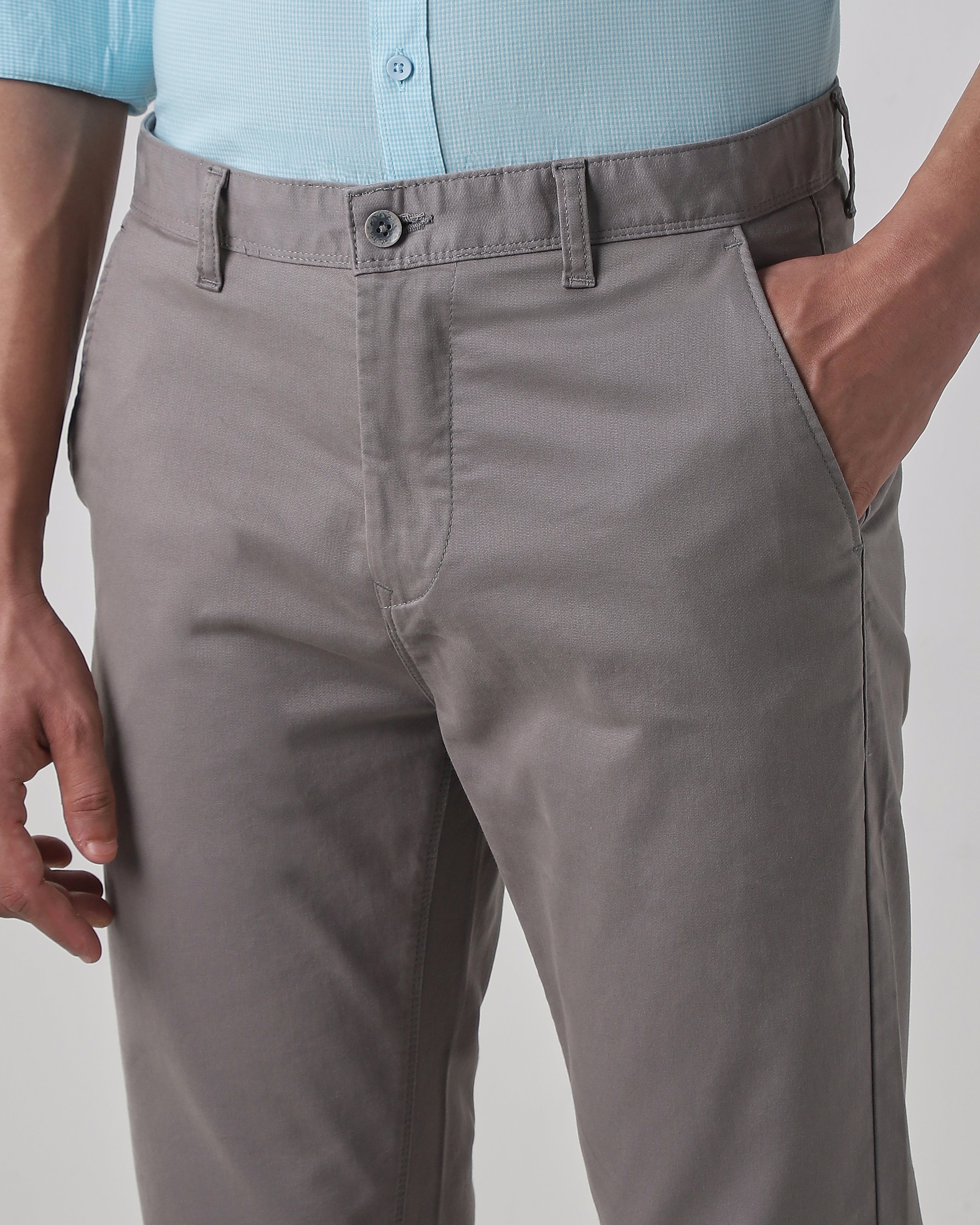 Grey Cotton Stretch Regular Fit Trouser