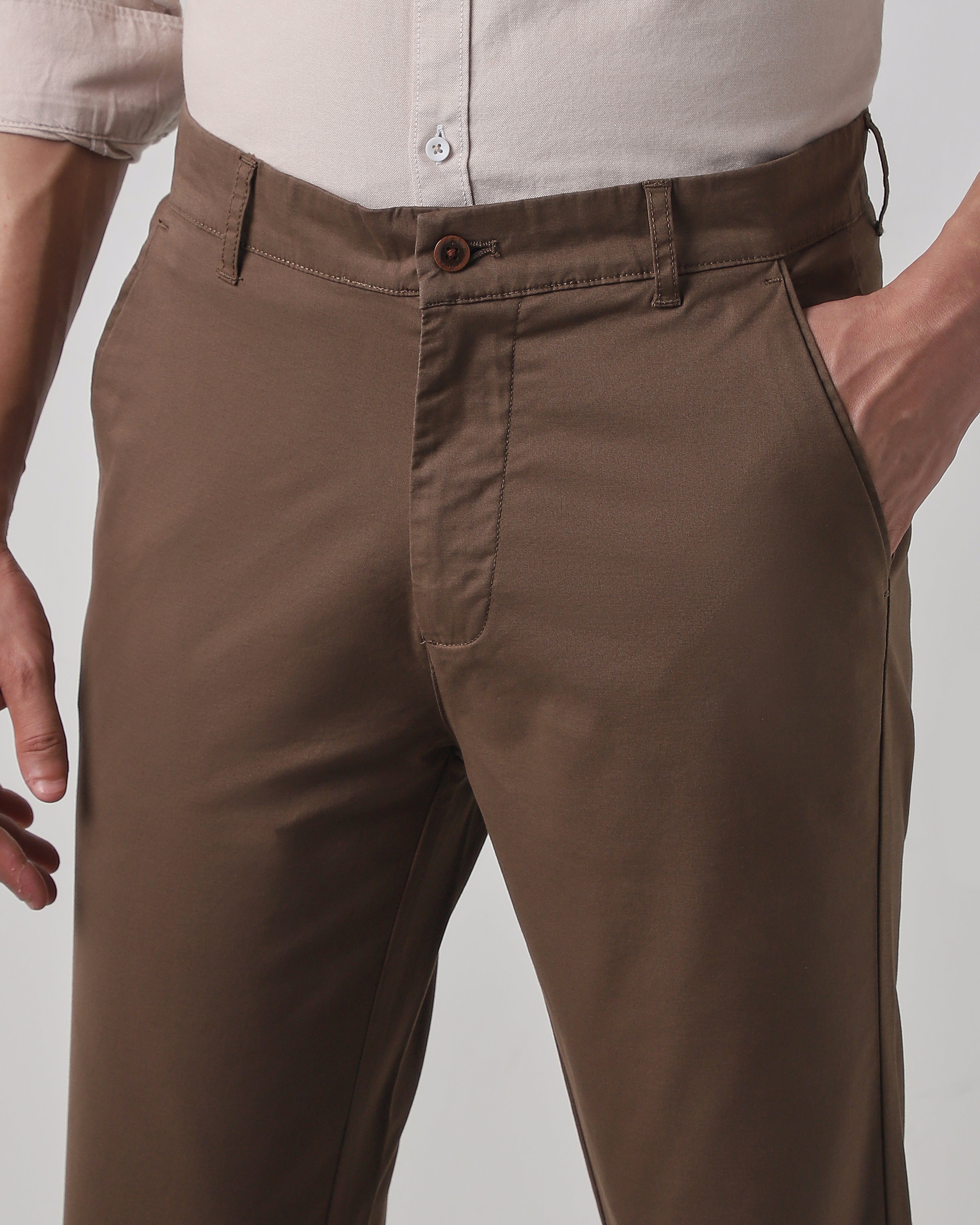 Brown Cotton Stretch Regular Fit Trouser