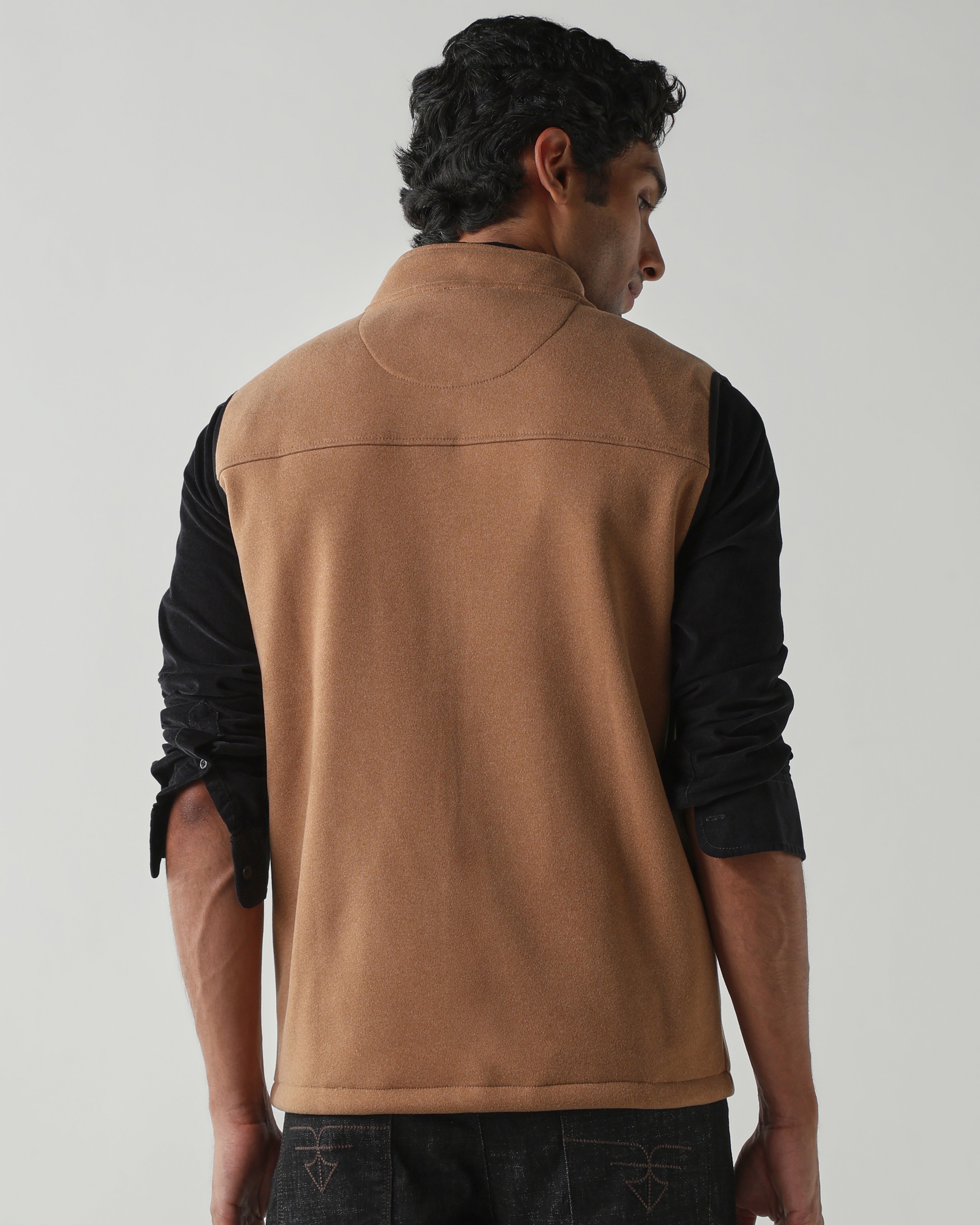 Round Neck Sleeveless Jackets – Dark Camel
