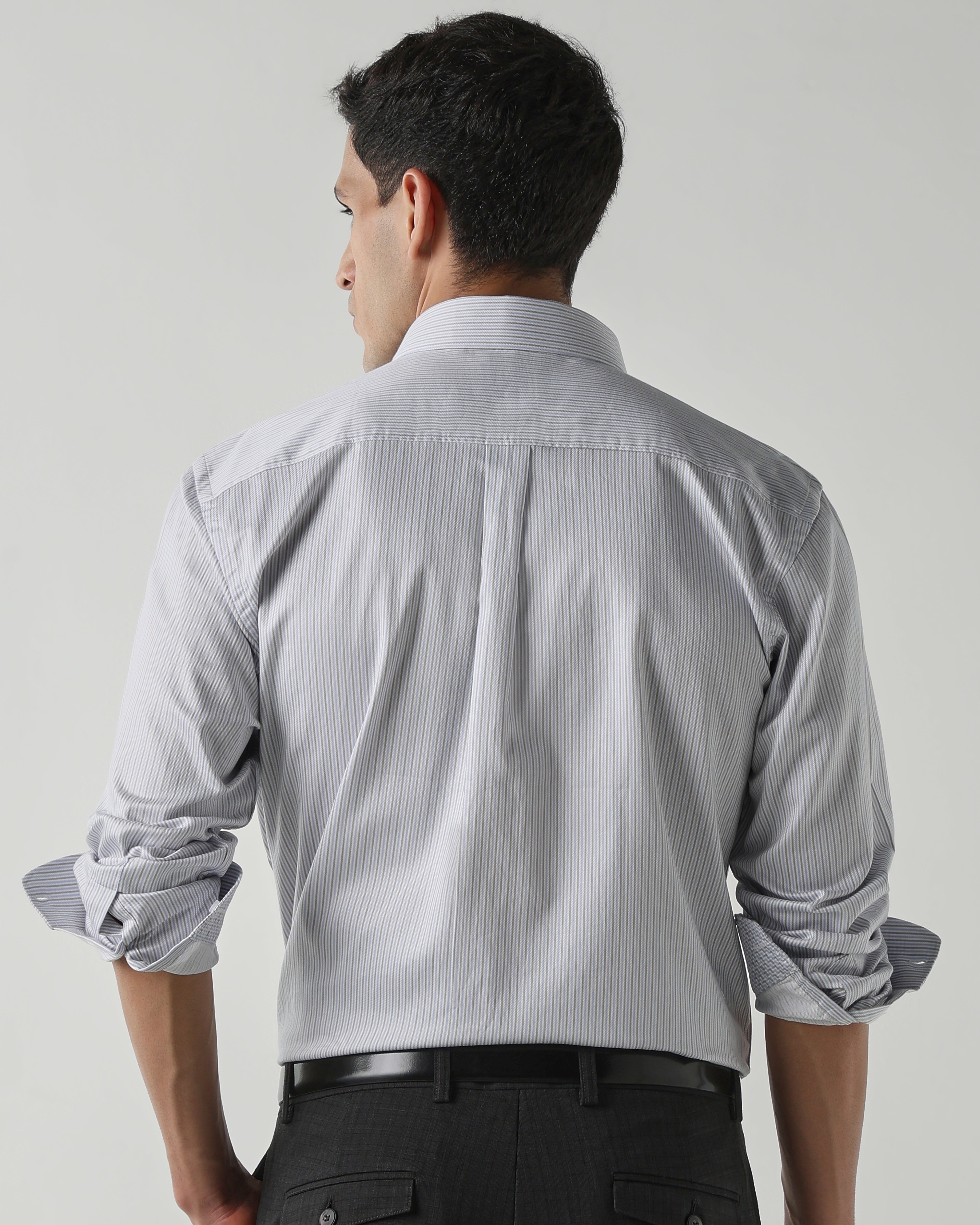 Grey/Sky Blue 100% Cotton Stripe Shirts For Men | Regular Fit Fashion Formal Wear