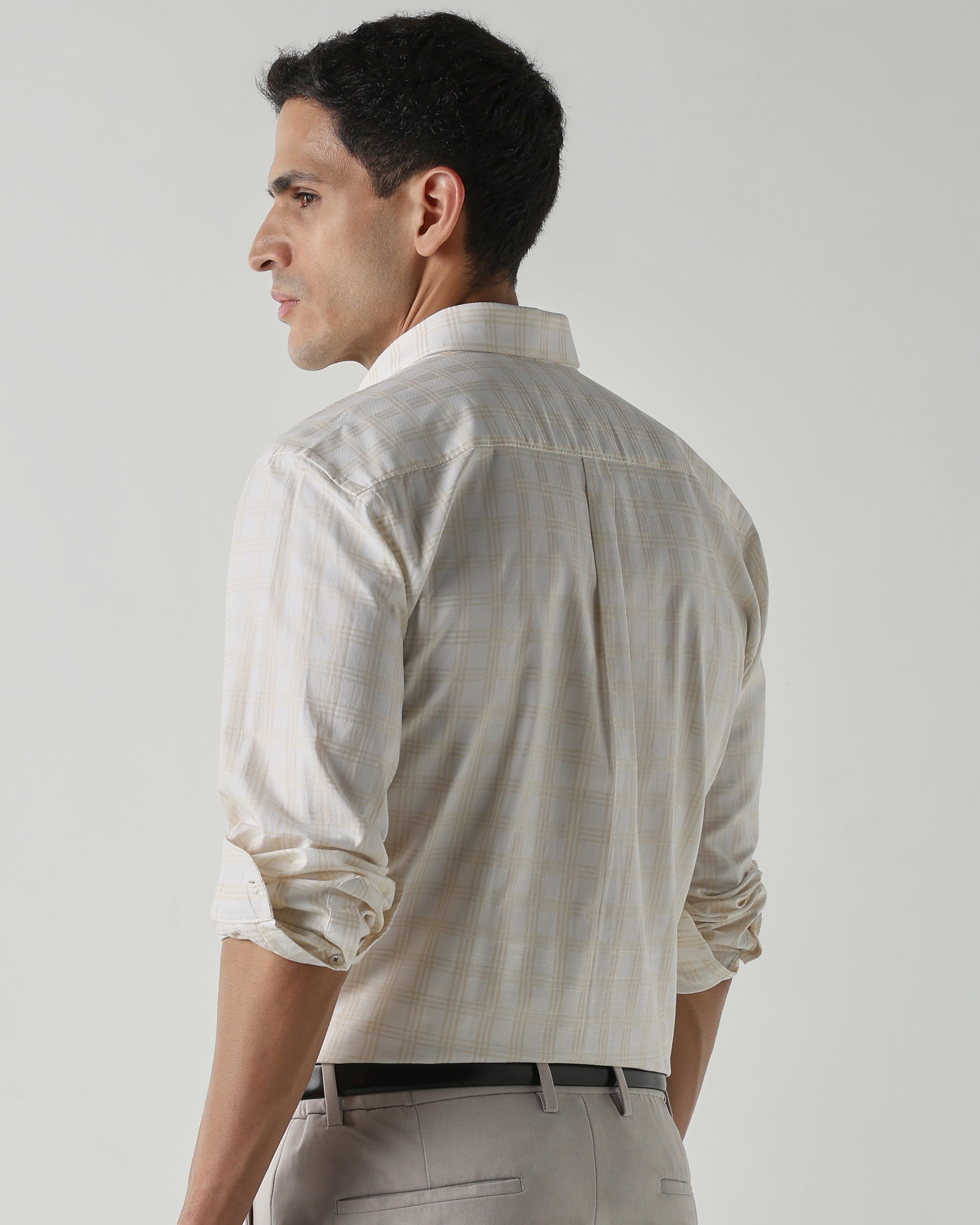 White/Beige 100% Cotton Checks Shirts For Men | Regular Fit Fashion Formal Wear