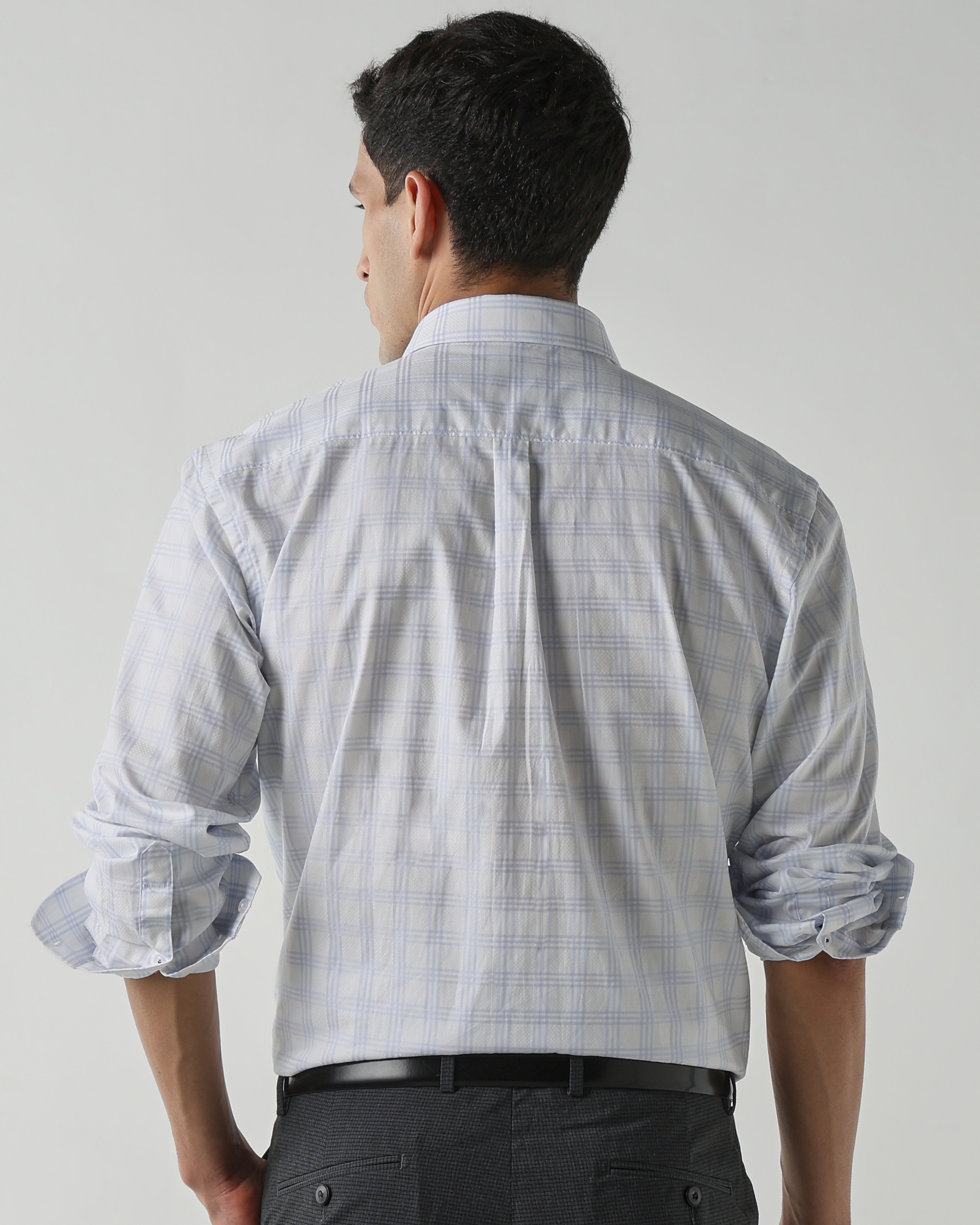 White/Sky Blue 100% Cotton Checks Shirts For Men | Regular Fit Fashion Formal Wear