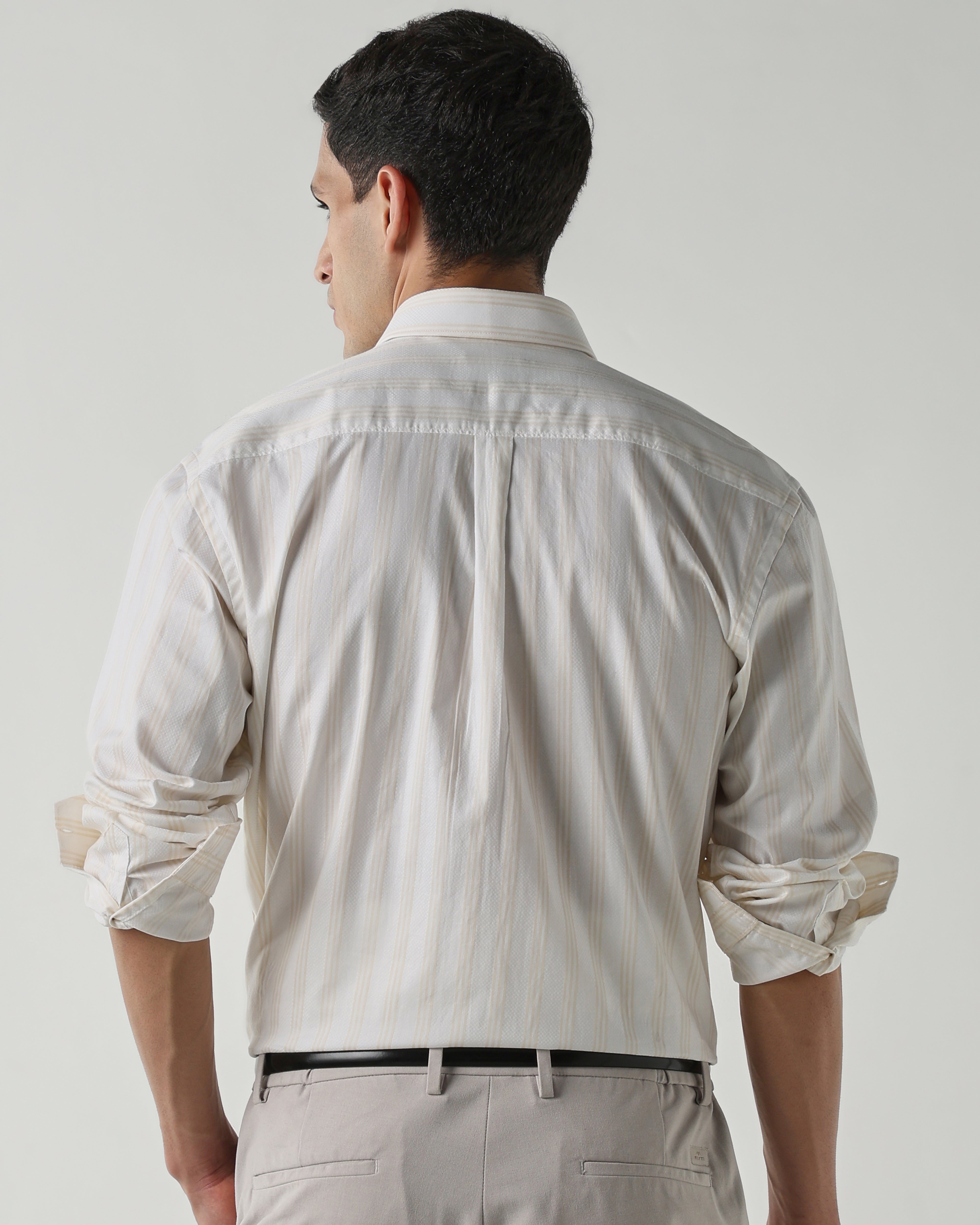 White/Beige 100% Cotton Stripe Shirts For Men | Regular Fit Fashion Formal Wear