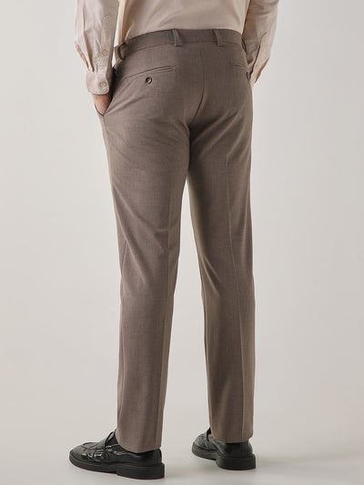 Brown Cotton Blend Flat Front Slim Fit Formal Trouser