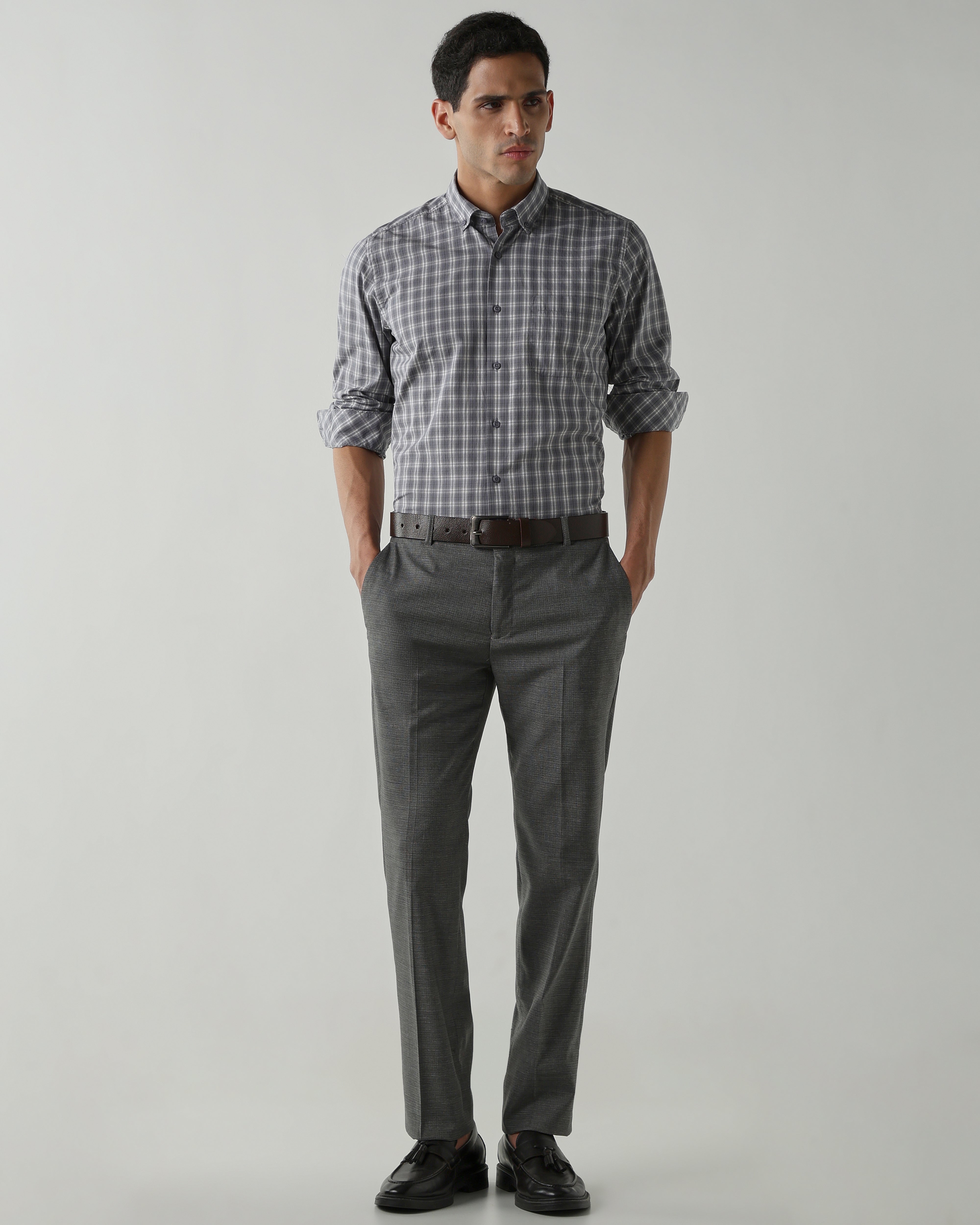 Grey/White Pure Cotton Shirts for Men | Slim Fit Luxury Wear