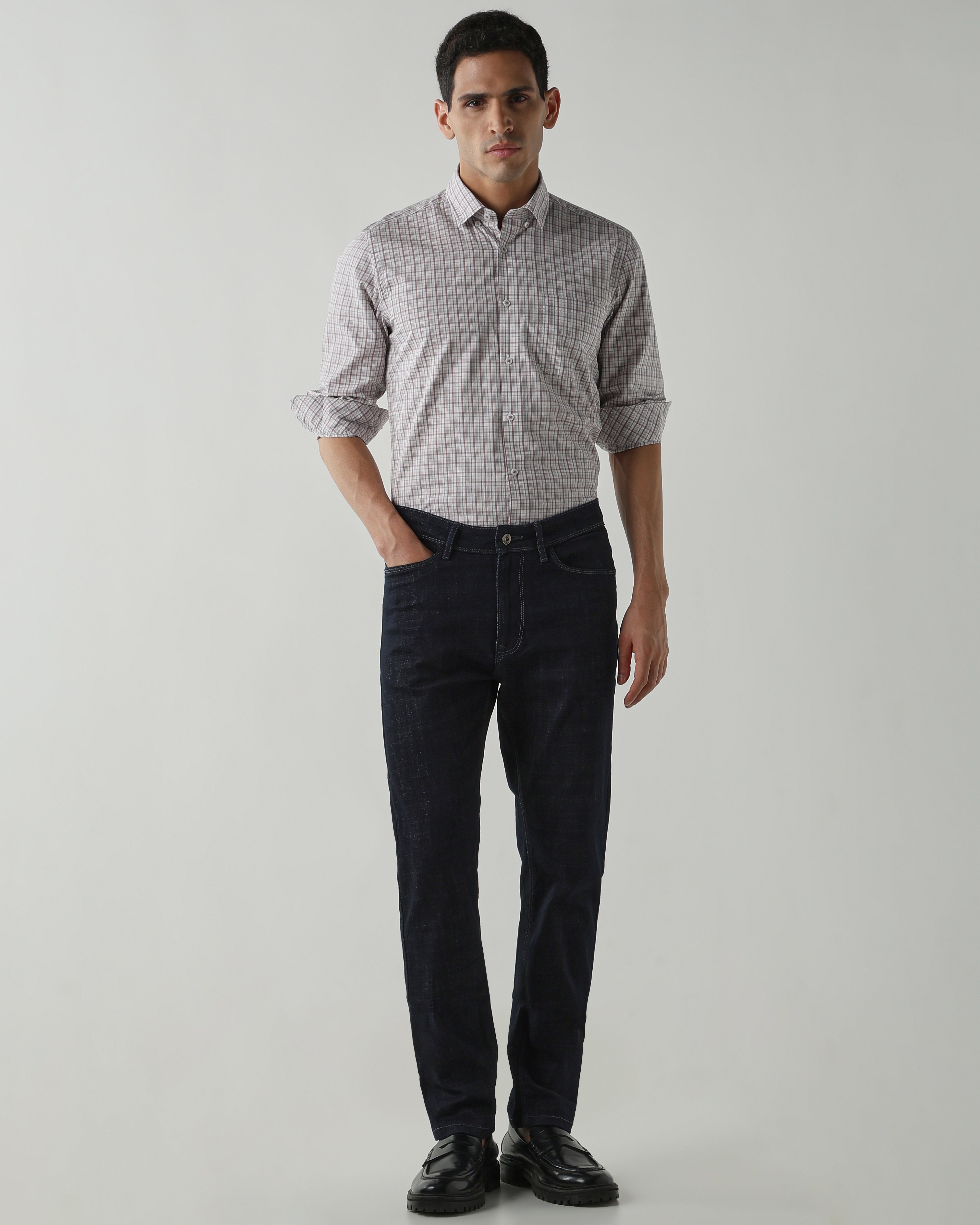 White/Lt Brown Pure Cotton Shirts for Men | Slim Fit Luxury Wear