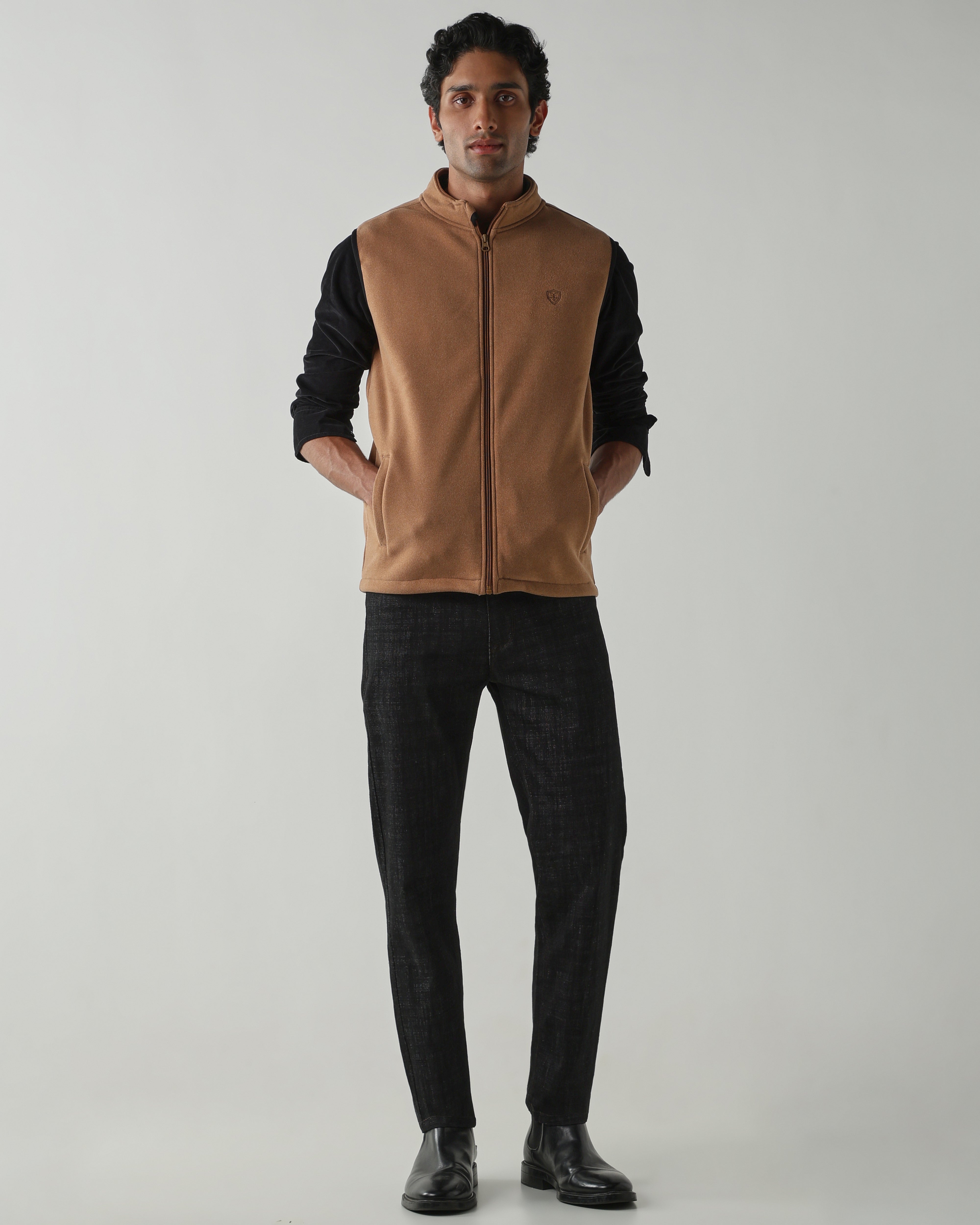 Round Neck Sleeveless Jackets – Dark Camel