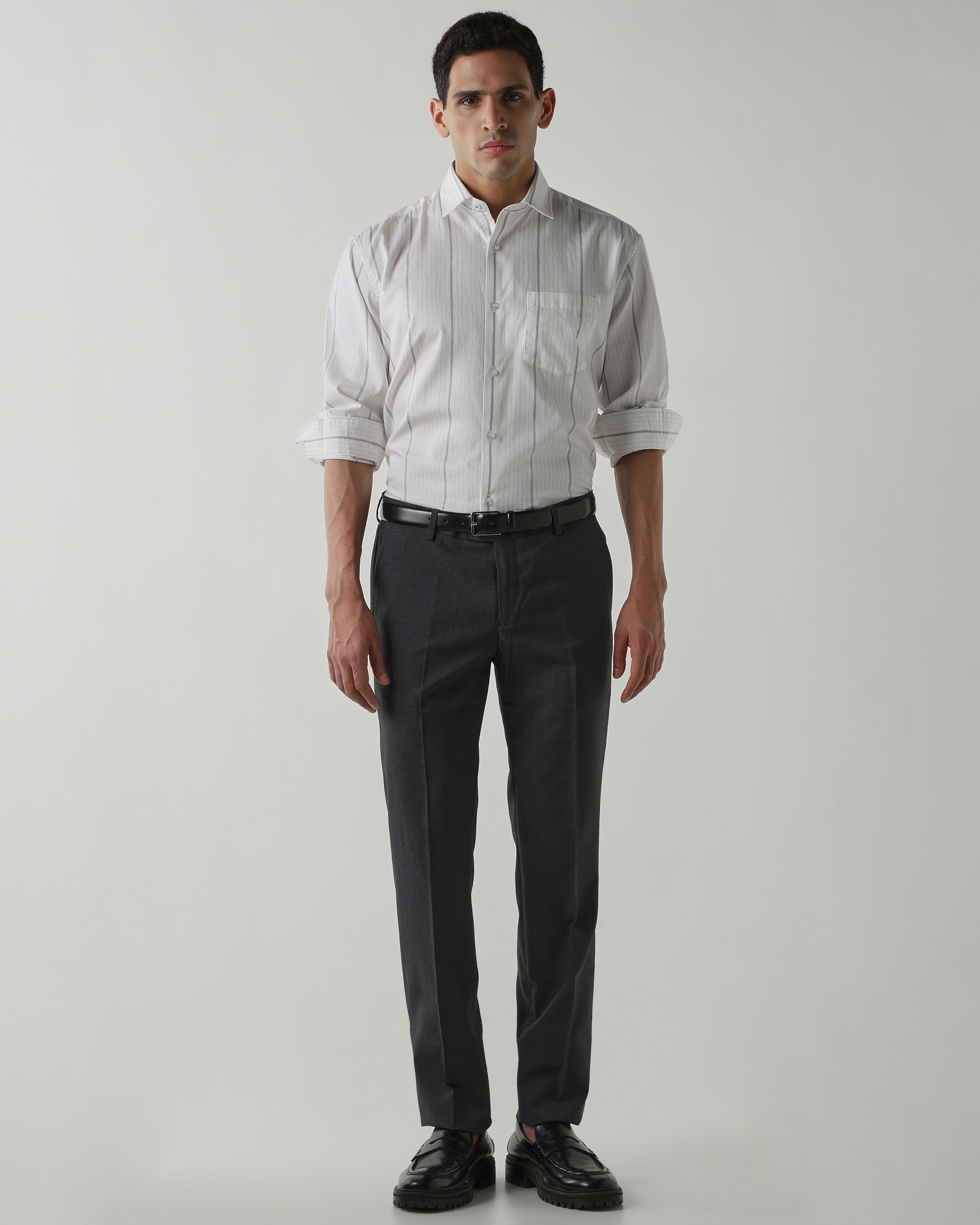 Grey/White Pure Cotton Shirts for Men | Regular Fit Luxury Wear