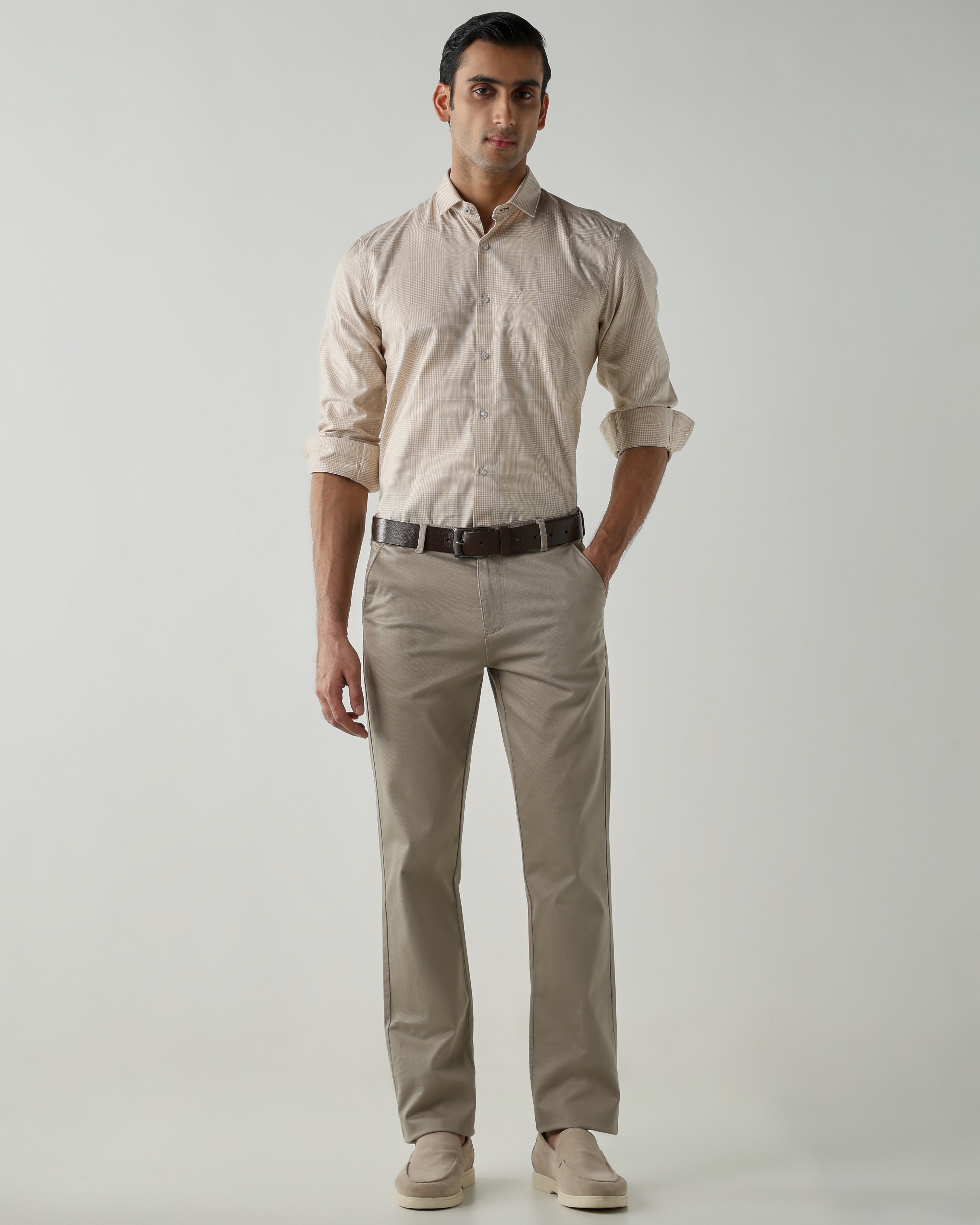 Beige/White Pure Cotton Shirts for Men | Slim Fit Luxury Wear