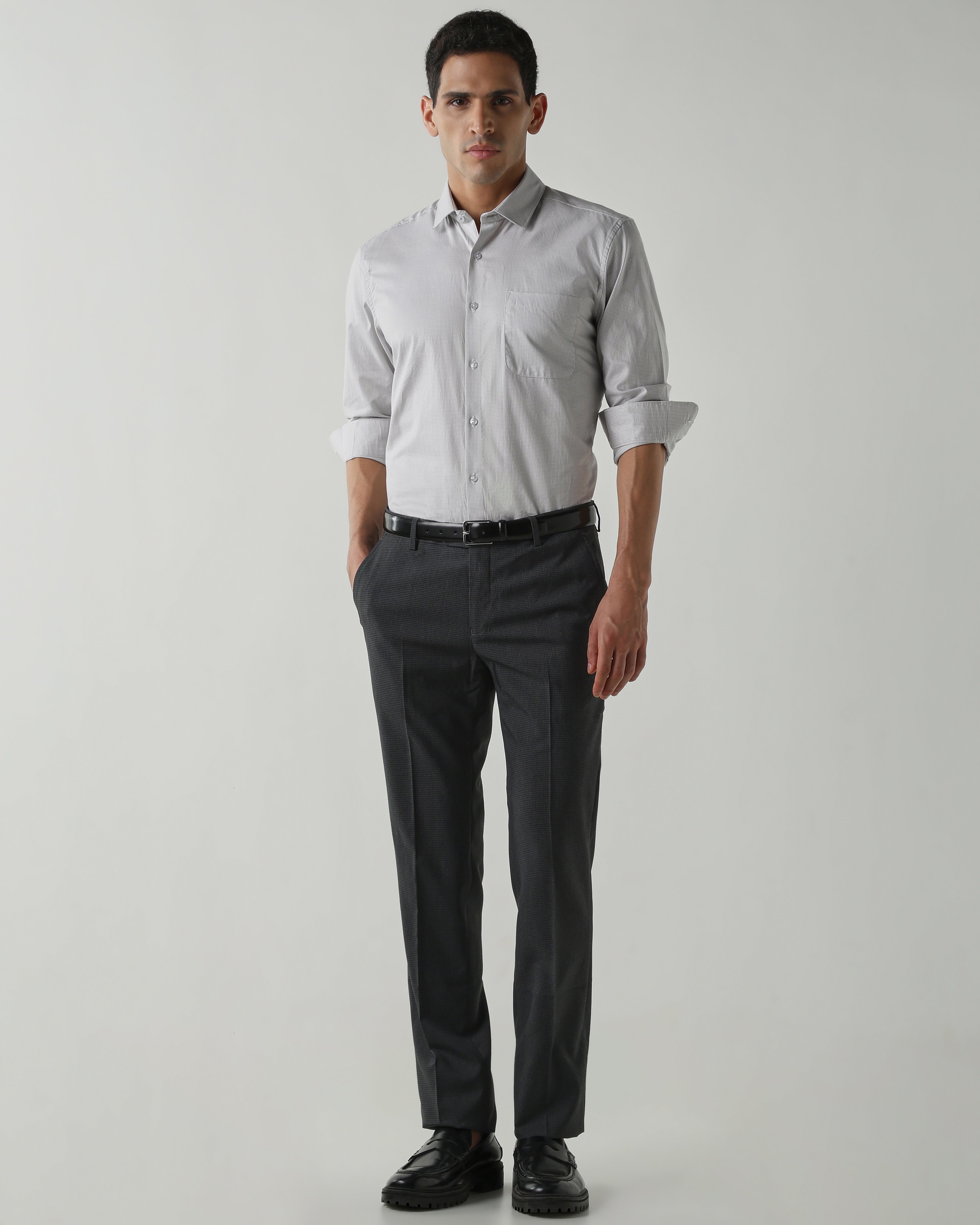 Lt Grey/White Pure Cotton Shirts for Men | Slim Fit Luxury Wear