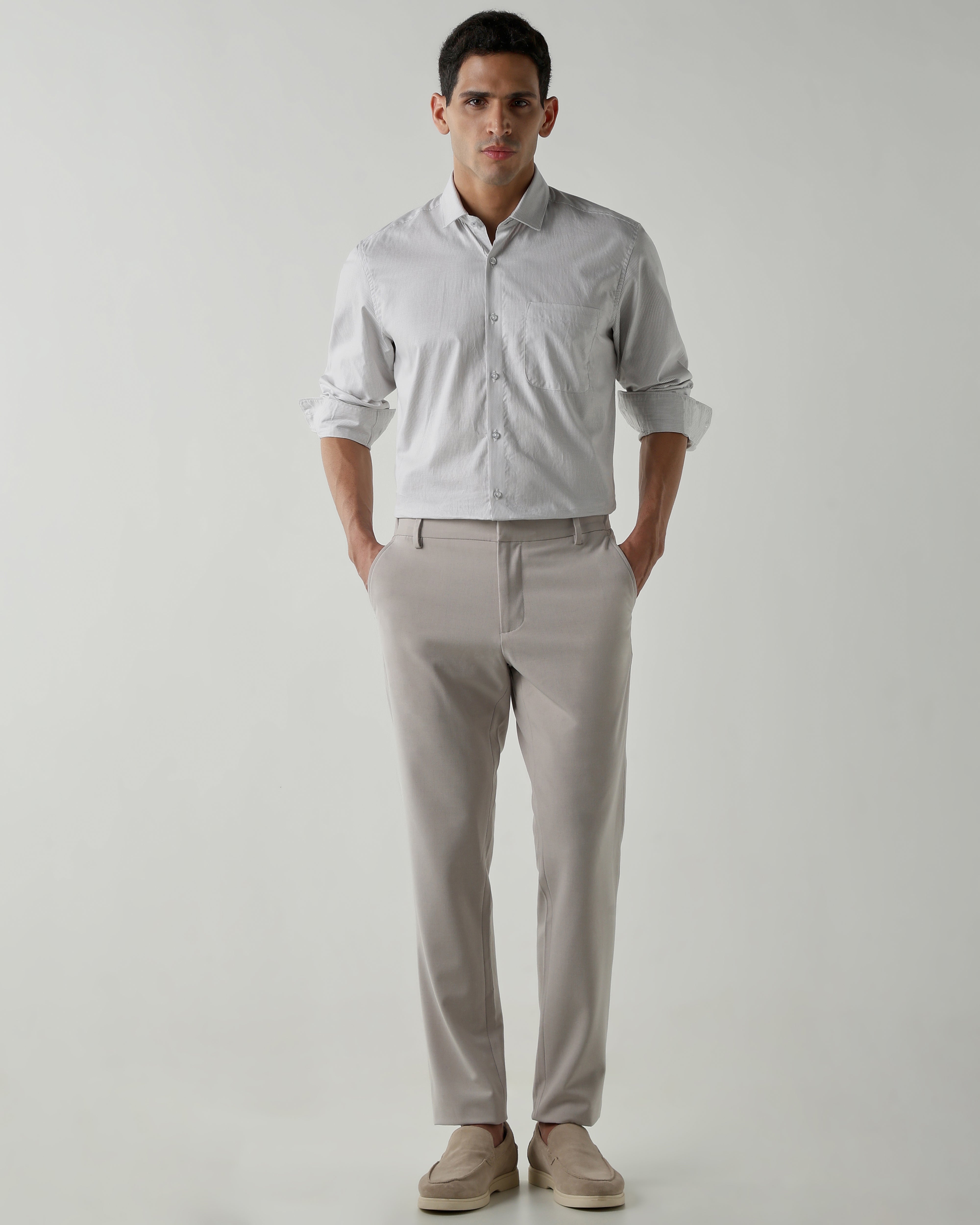 Lt Grey/White Pure Cotton Shirts for Men | Slim Fit Luxury Wear