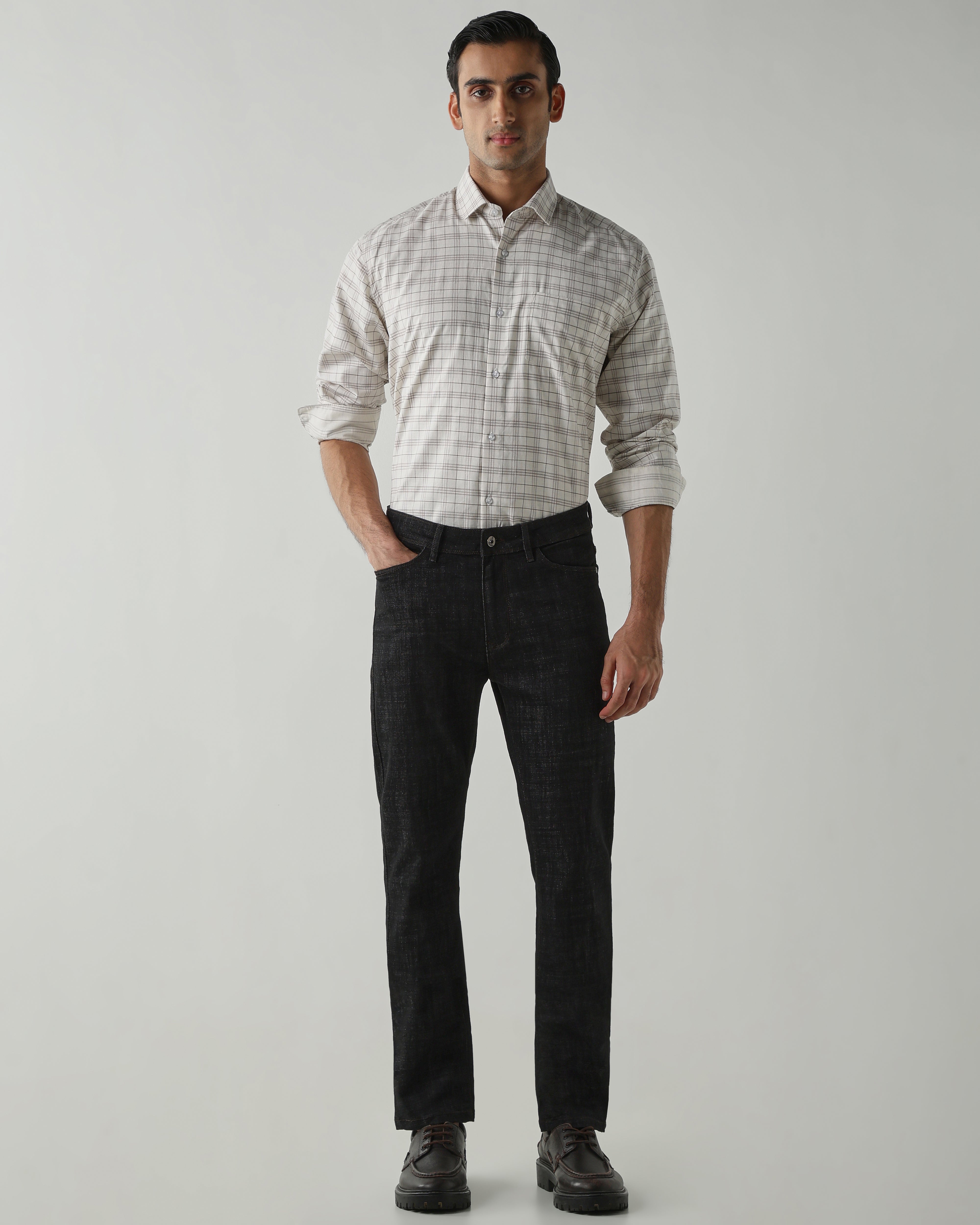 Off white/Brown Pure Cotton Shirts for Men | Regular Fit Luxury Wear