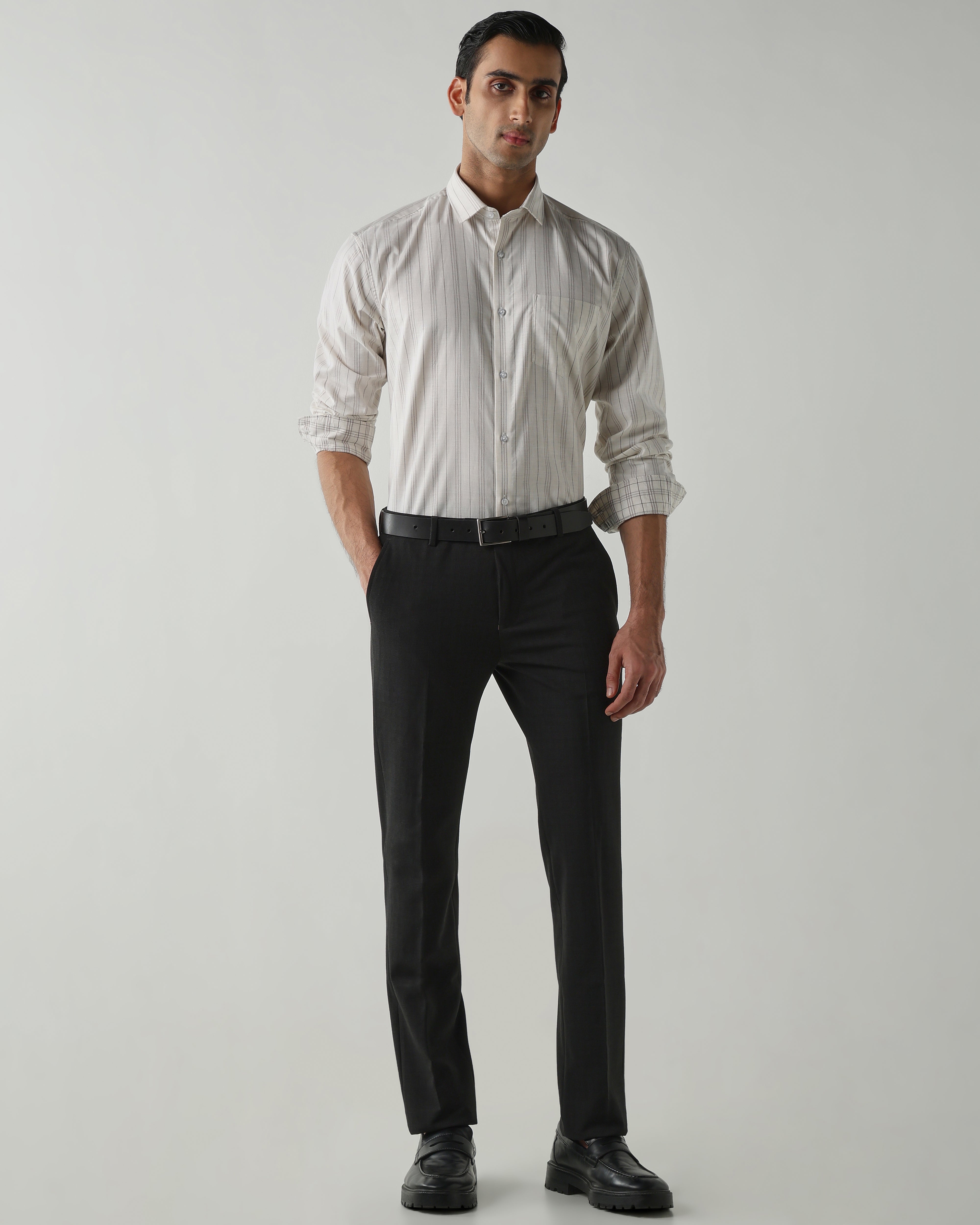 Off white/Brown Pure Cotton Shirts for Men | Regular Fit Luxury Wear