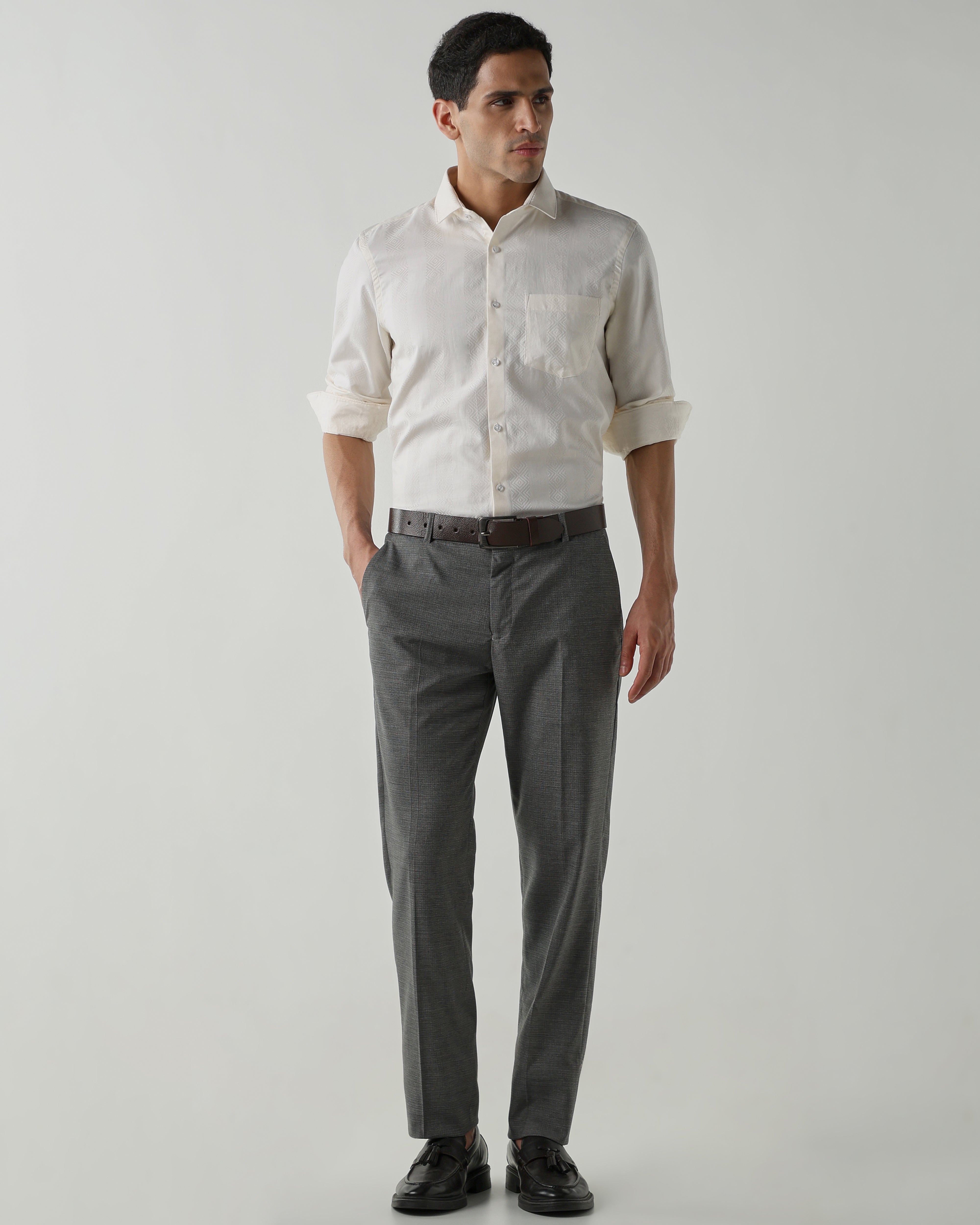 White 100% Cotton Dobby Shirts For Men | Slim Fit Fashion Formal Wear