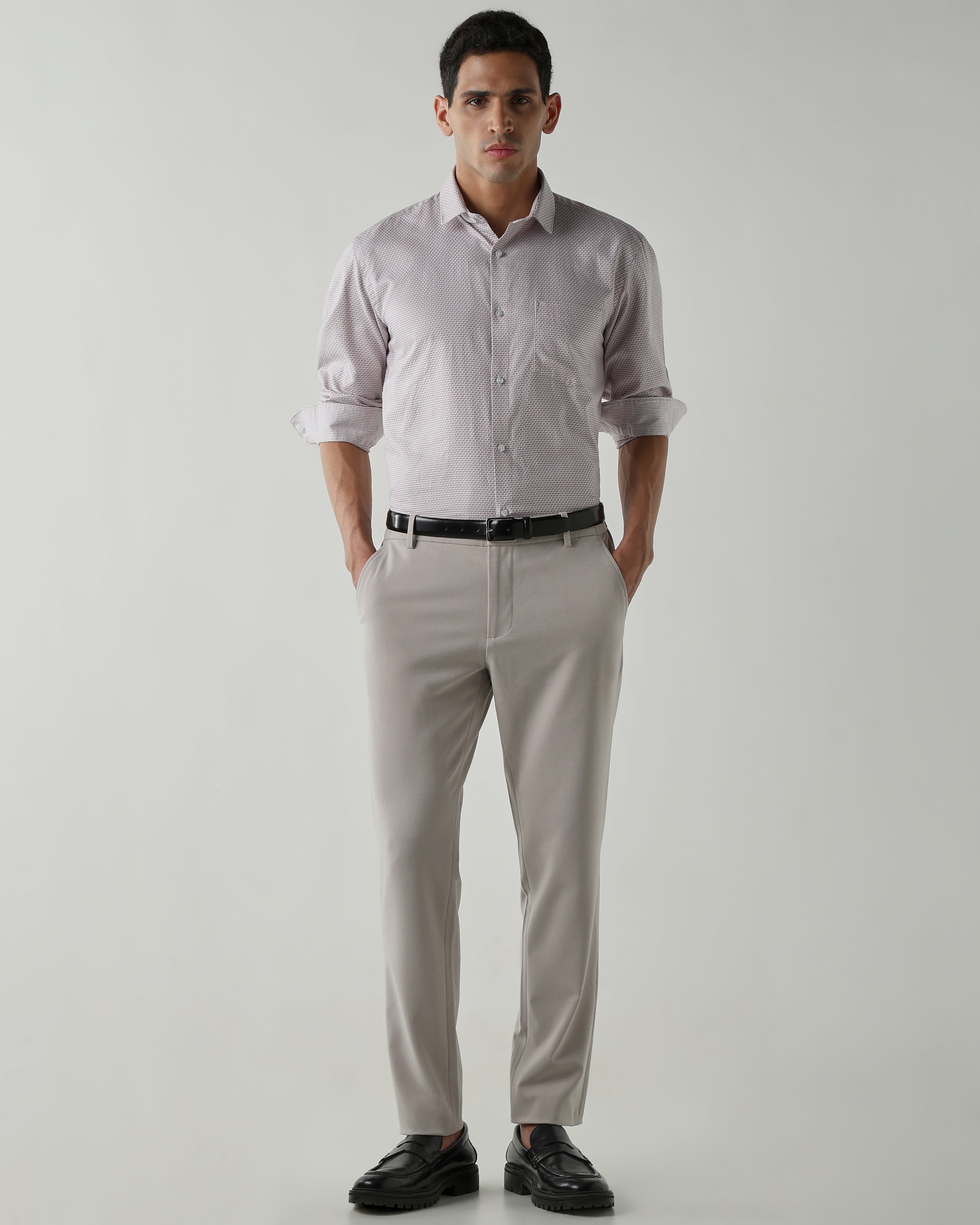 Grey/Pink 100% Cotton Dobby Shirts For Men | Regular Fit Fashion Formal Wear