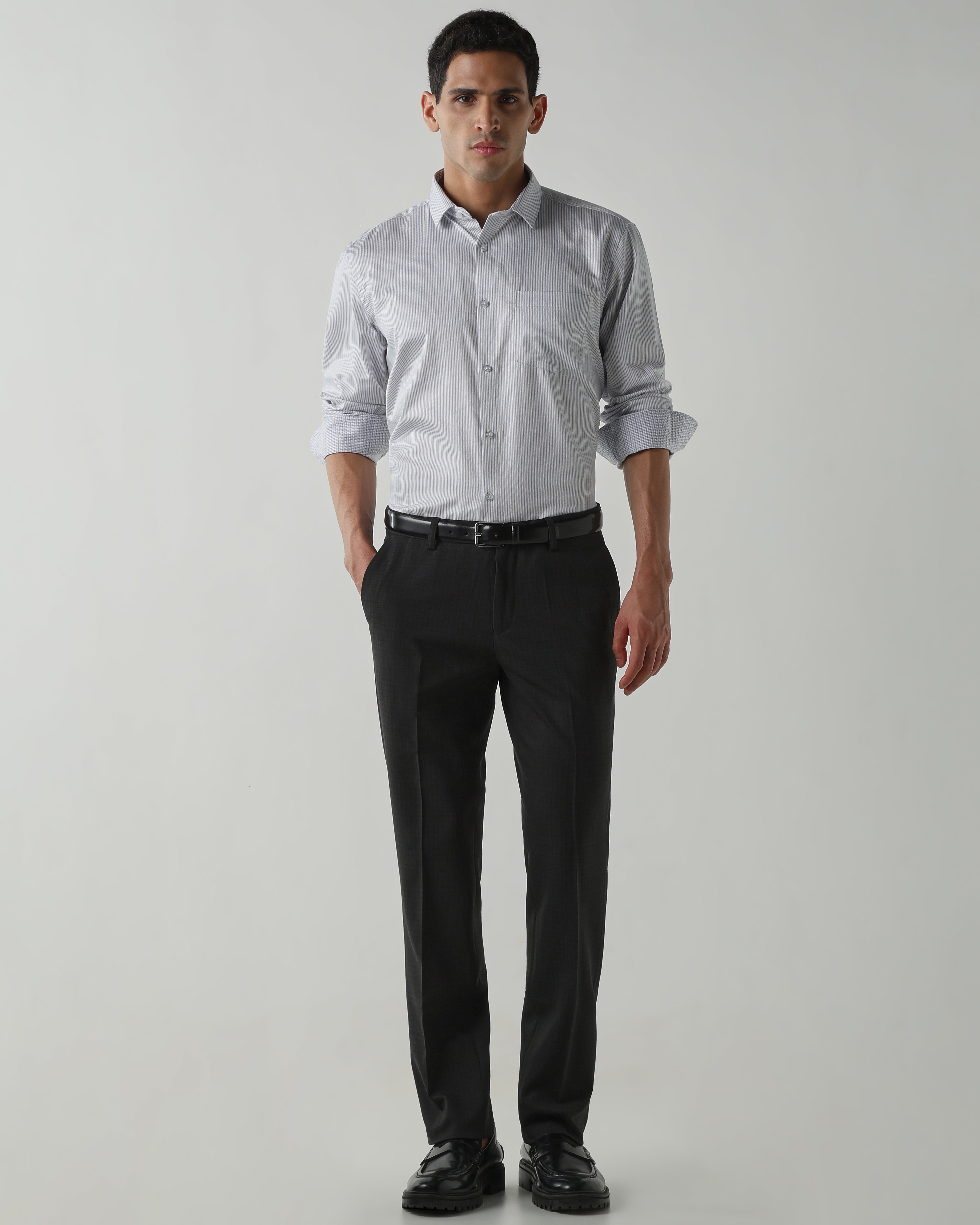 Grey/Sky Blue 100% Cotton Stripe Shirts For Men | Regular Fit Fashion Formal Wear