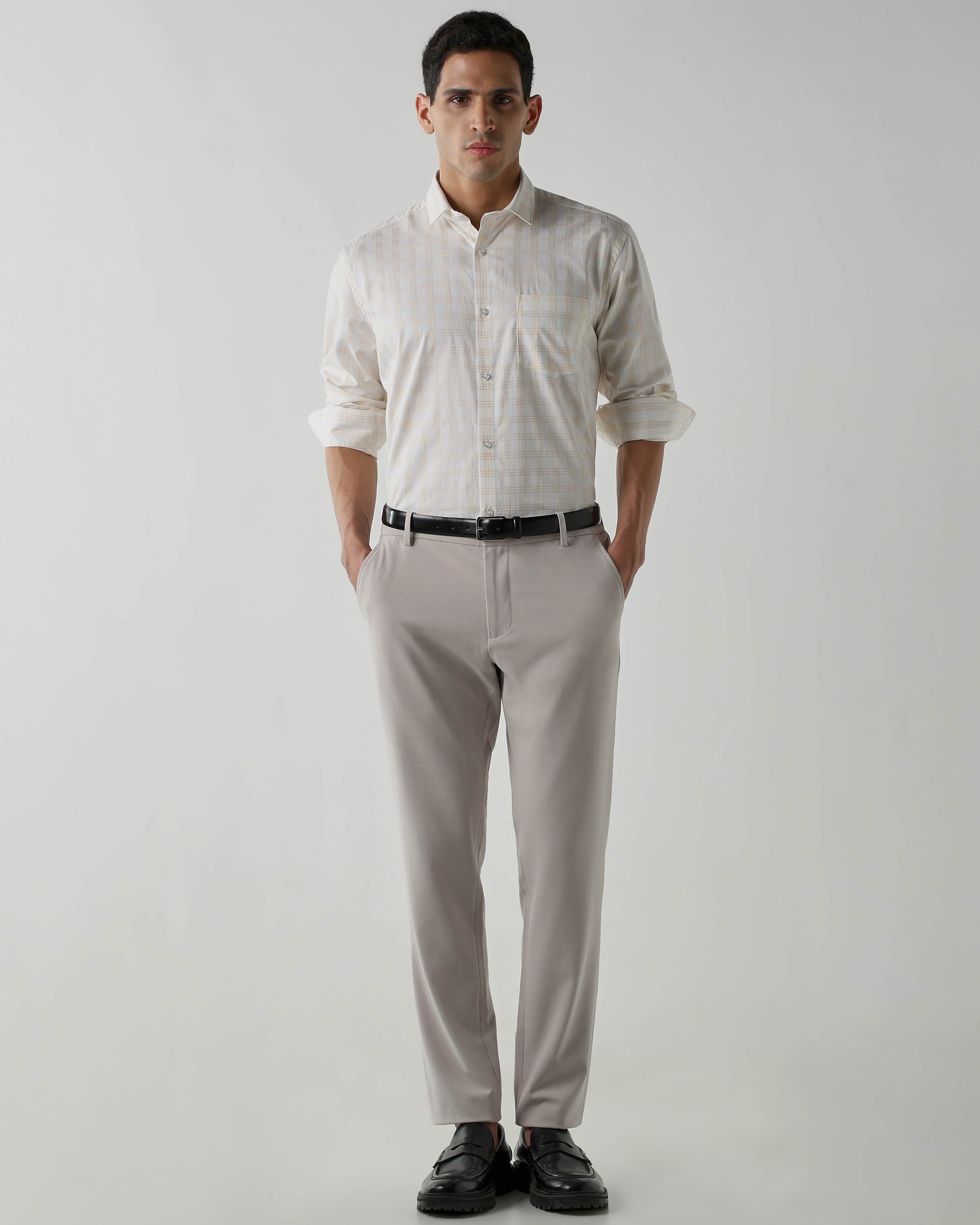White/Beige 100% Cotton Checks Shirts For Men | Regular Fit Fashion Formal Wear