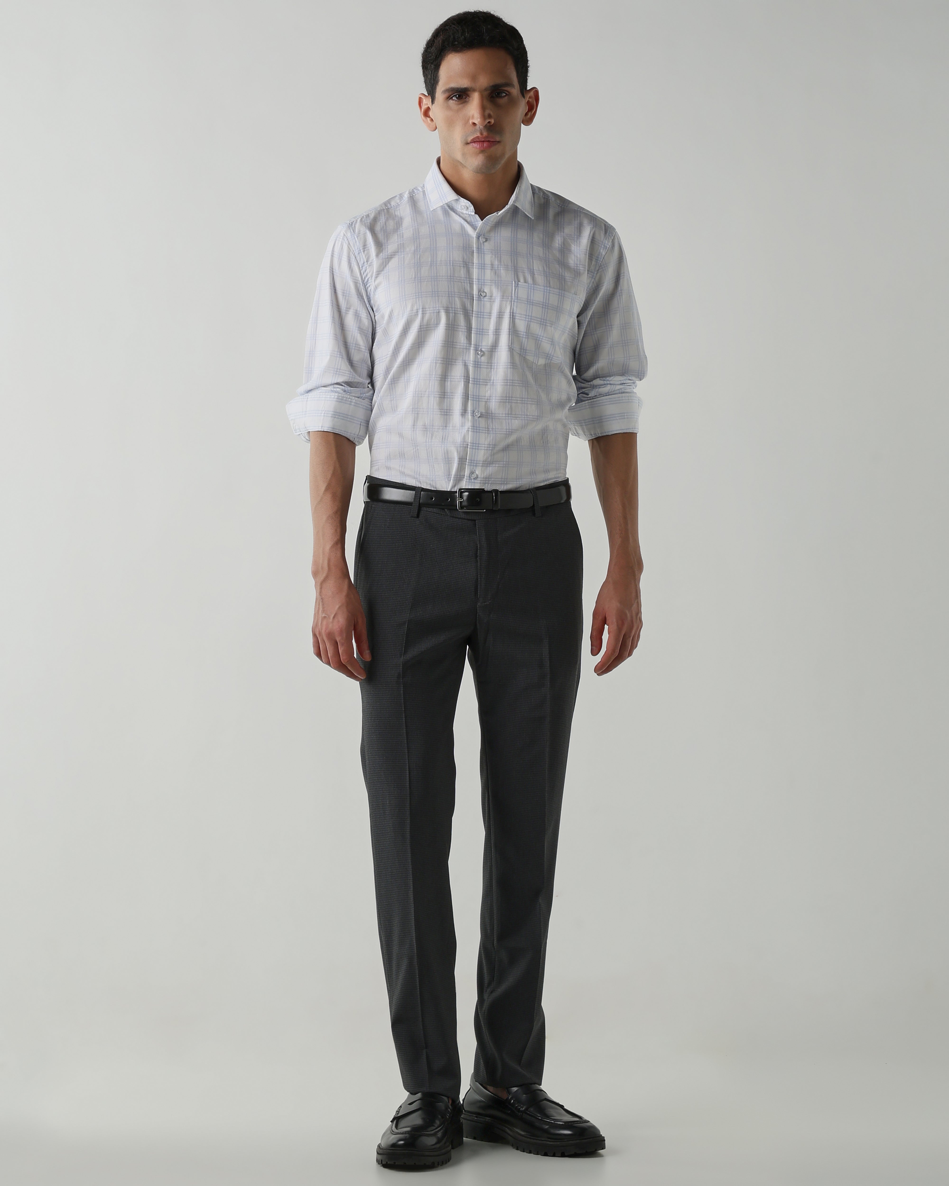 White/Sky Blue 100% Cotton Checks Shirts For Men | Regular Fit Fashion Formal Wear