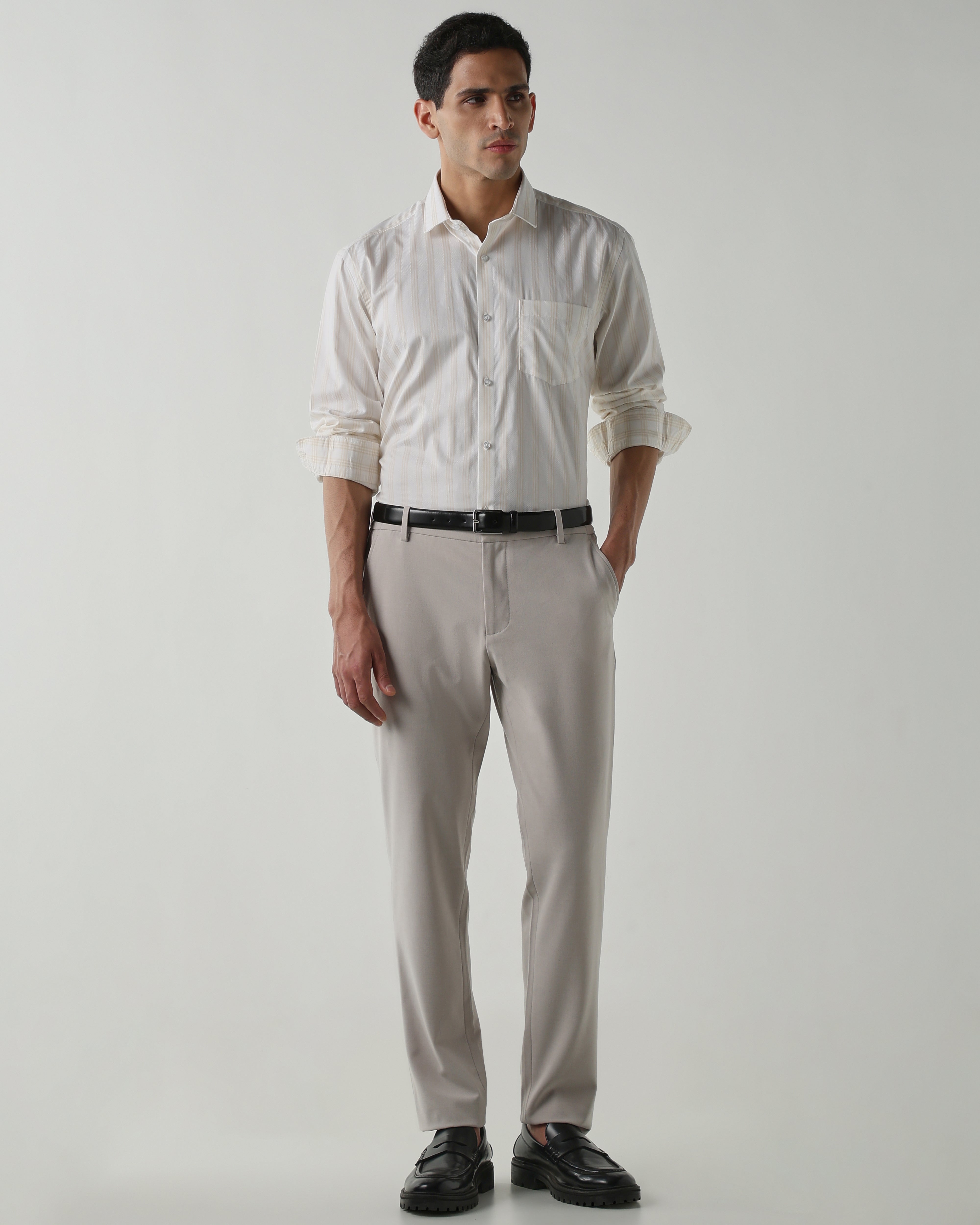 White/Beige 100% Cotton Stripe Shirts For Men | Regular Fit Fashion Formal Wear