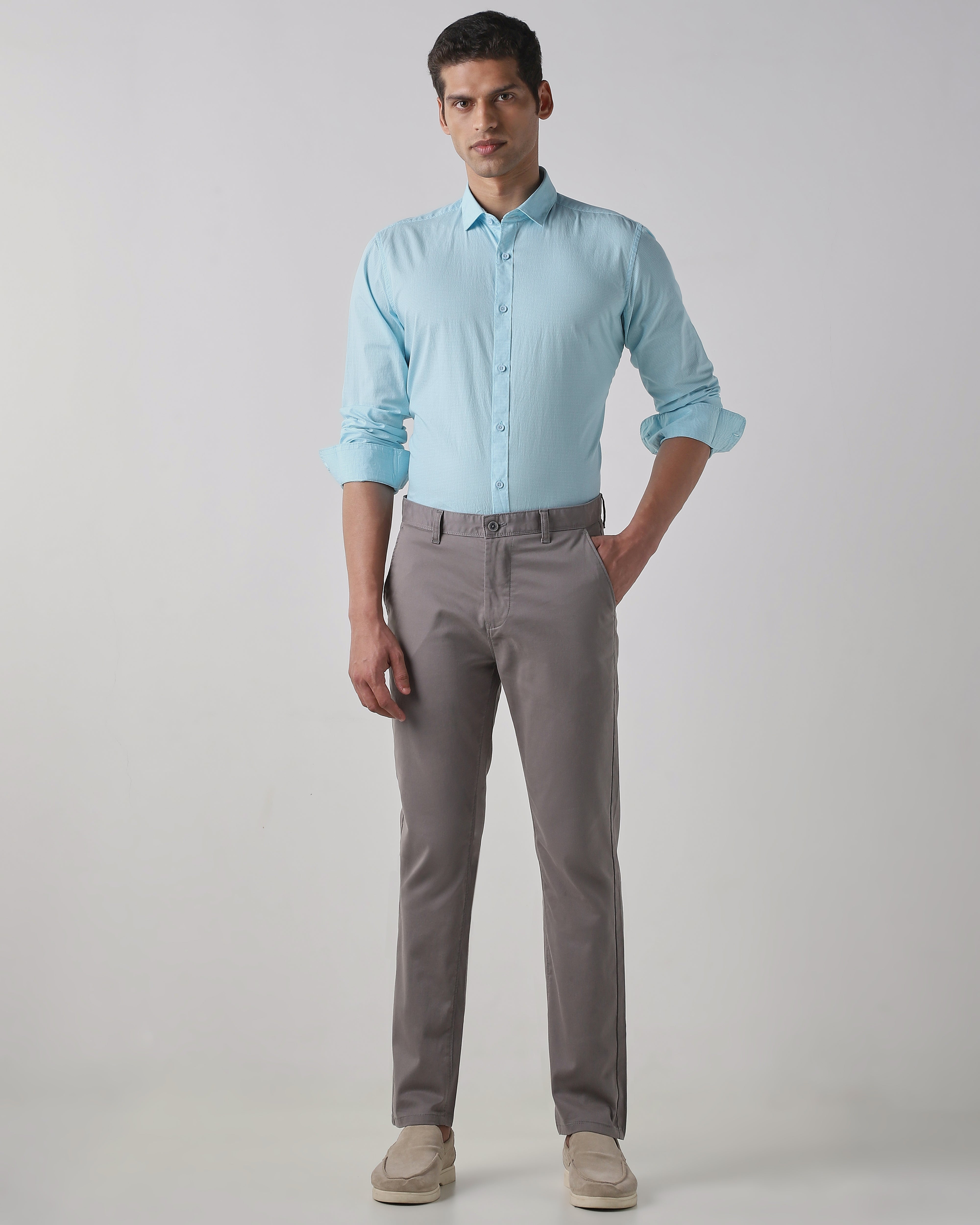 Grey Cotton Stretch Regular Fit Trouser