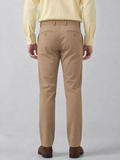 Men's Solid Cotton Stretch Regular Fit Casual Trousers - Beige