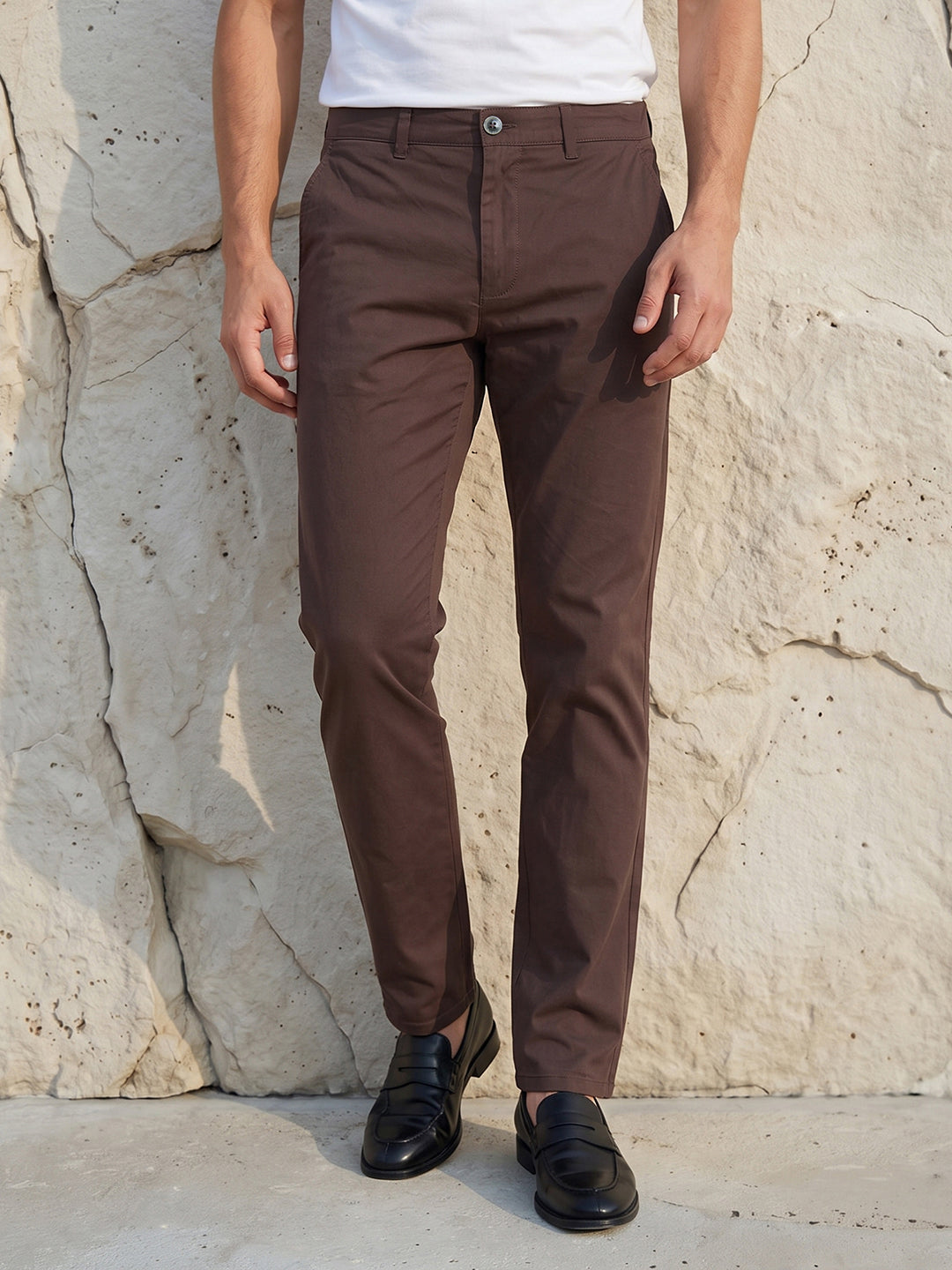 Men's Solid Pure Cotton Regular Fit Casual Trousers-Brown