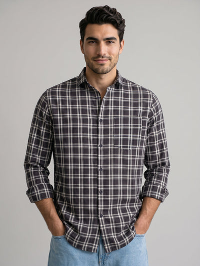 Men's Pure Cotton Checks Slim Fit Full Sleeve Casual Shirt - Grey
