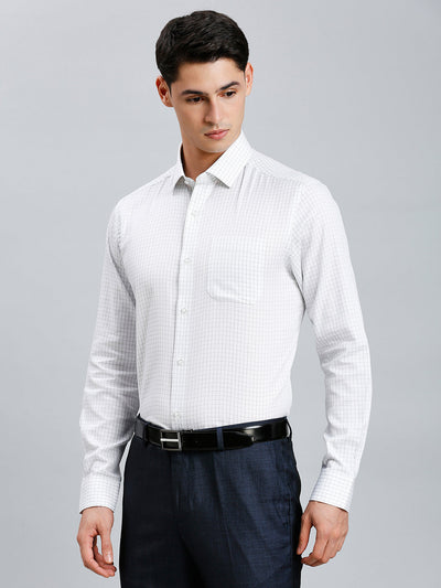 Men's Pure Cotton Checks Regular Fit Full Sleeve Formal Shirt - White & Blue