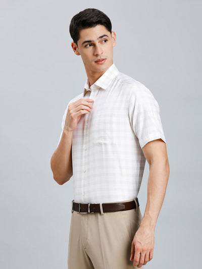 Men's Pure Cotton Checks Regular Fit Full Sleeve Formal Shirt - White & Brown