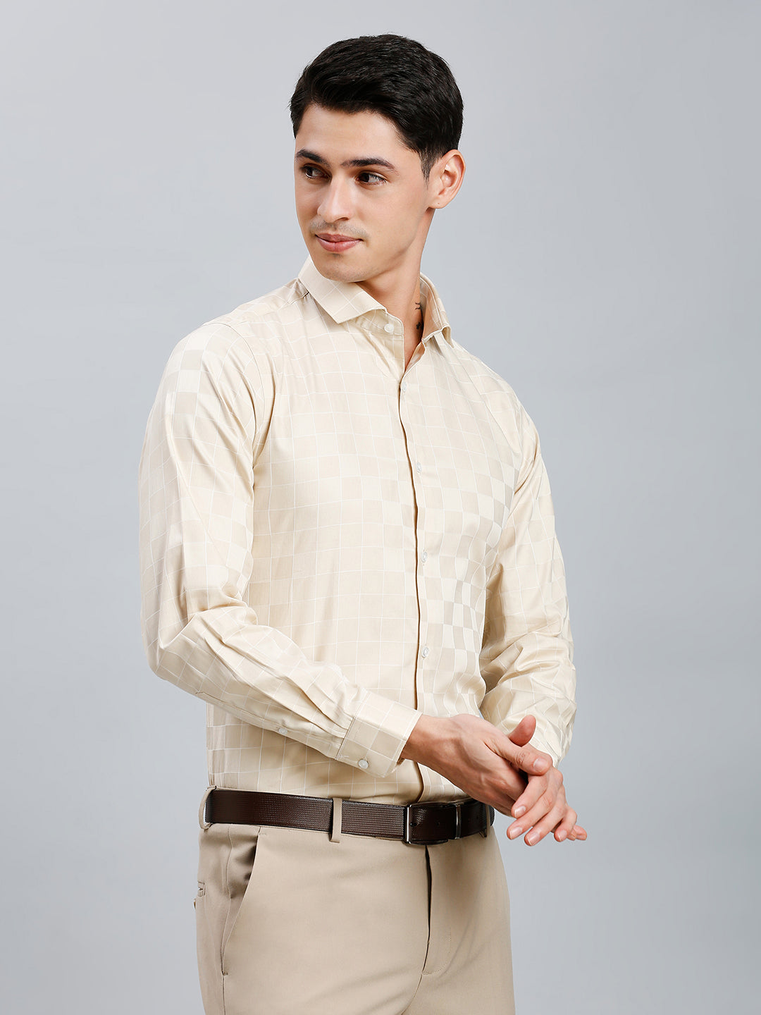 Cream Checks 100% Cotton Slim Fit Formal Full Sleeve Shirt