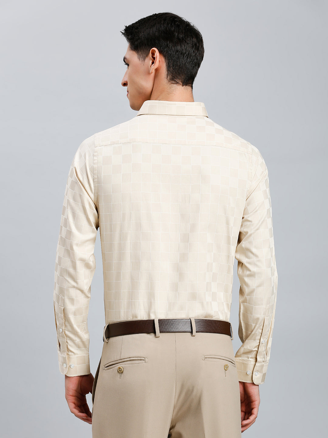 Cream Checks 100% Cotton Slim Fit Formal Full Sleeve Shirt