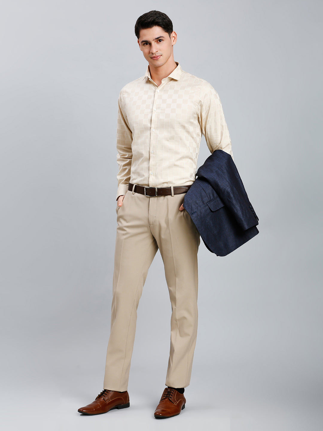 Cream Checks 100% Cotton Slim Fit Formal Full Sleeve Shirt
