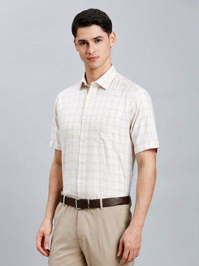 Men's Pure Cotton Checks Regular Fit Half Sleeve Formal Shirt - White & Brown