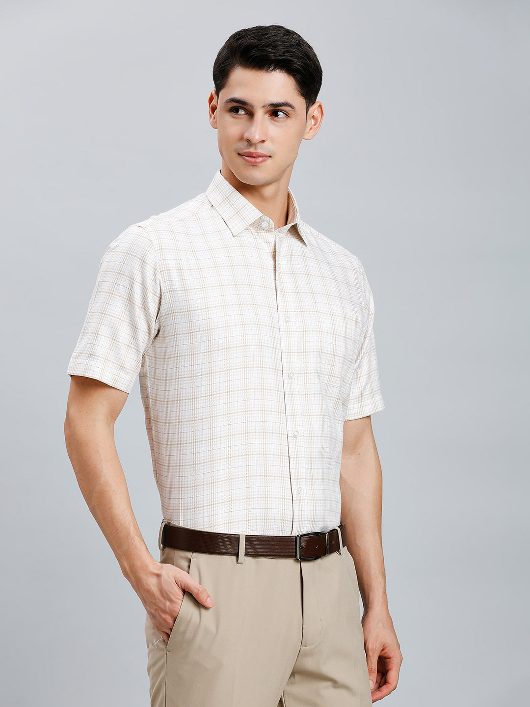 White & Brown & Beuge Checks 100% Cotton Regular Fit Formal Half Sleeve Shirt
