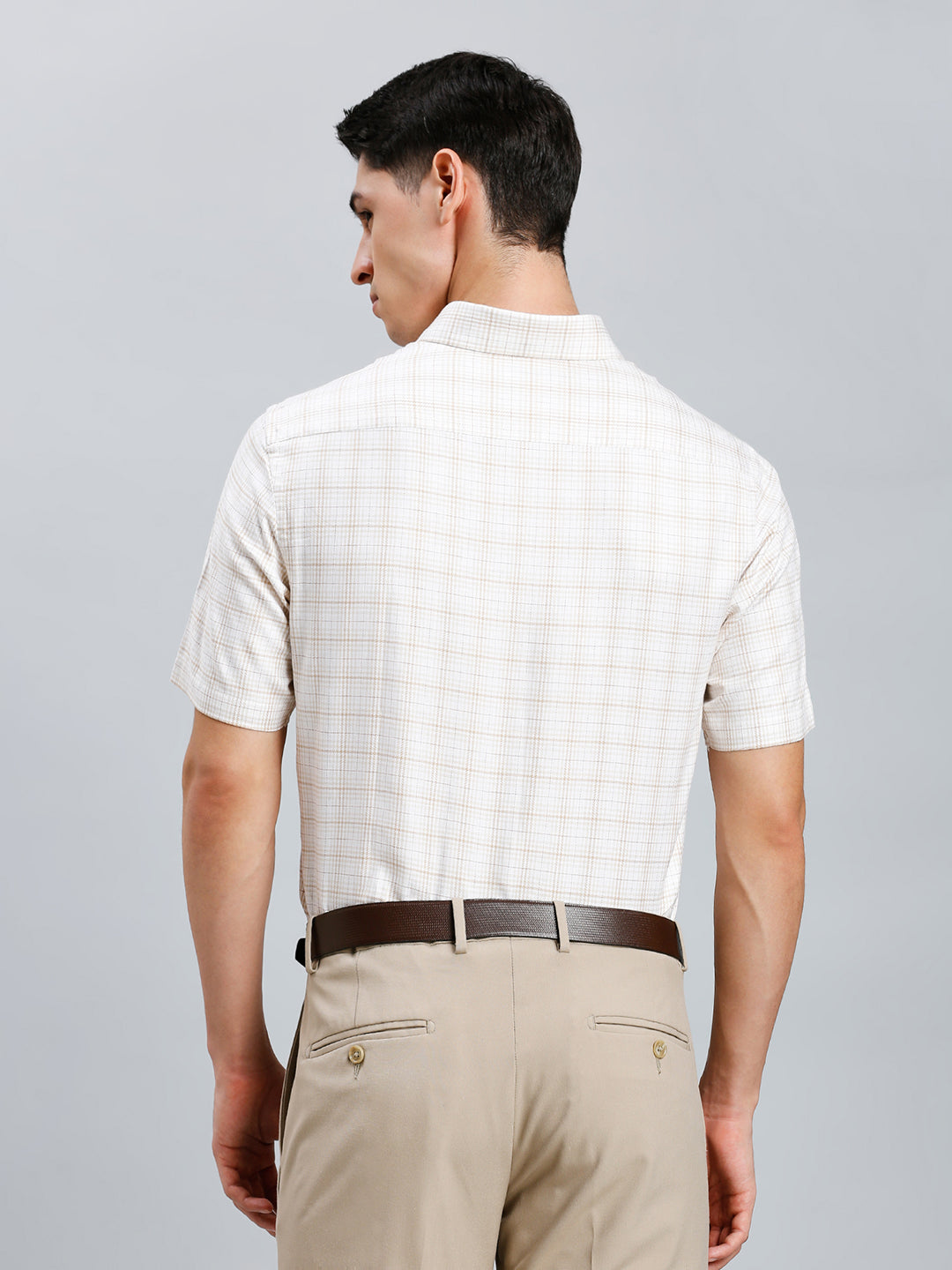 White & Brown & Beuge Checks 100% Cotton Regular Fit Formal Half Sleeve Shirt